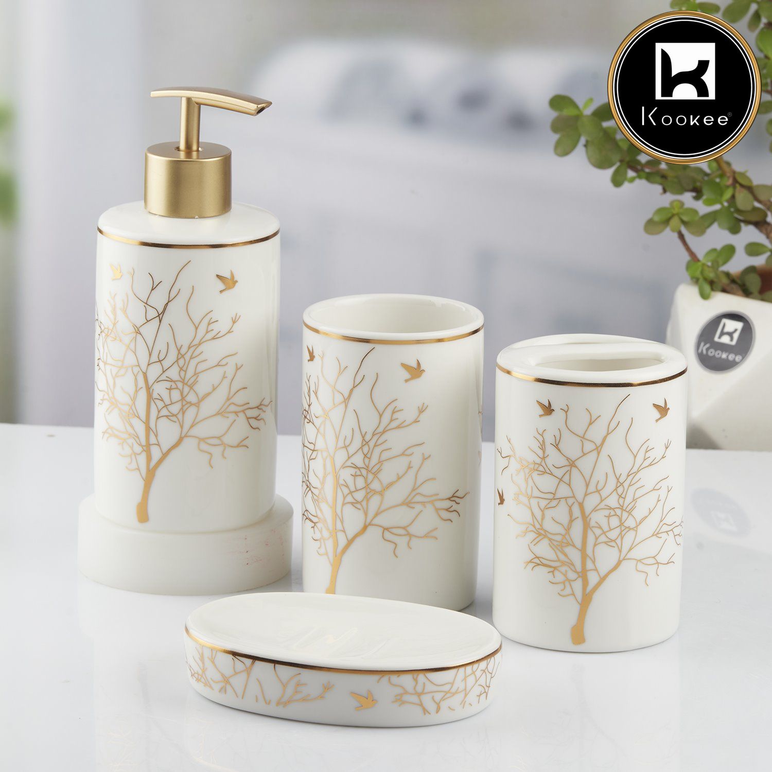 Kookee Ceramic Bathroom Accessories Set of 4, Modern Bath Set with Liquid handwash Soap Dispenser and Toothbrush holder, Luxury Gift Accessory for Home, White/Gold