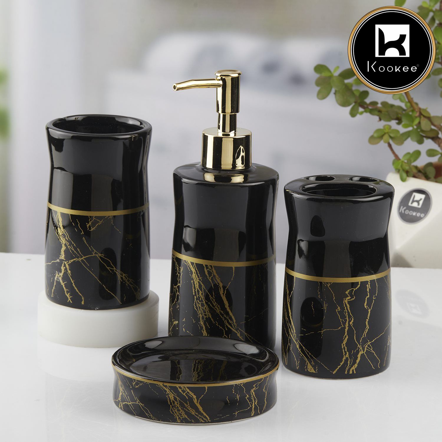 Ceramic Bathroom Set of 4 with Soap Dispenser (10475)