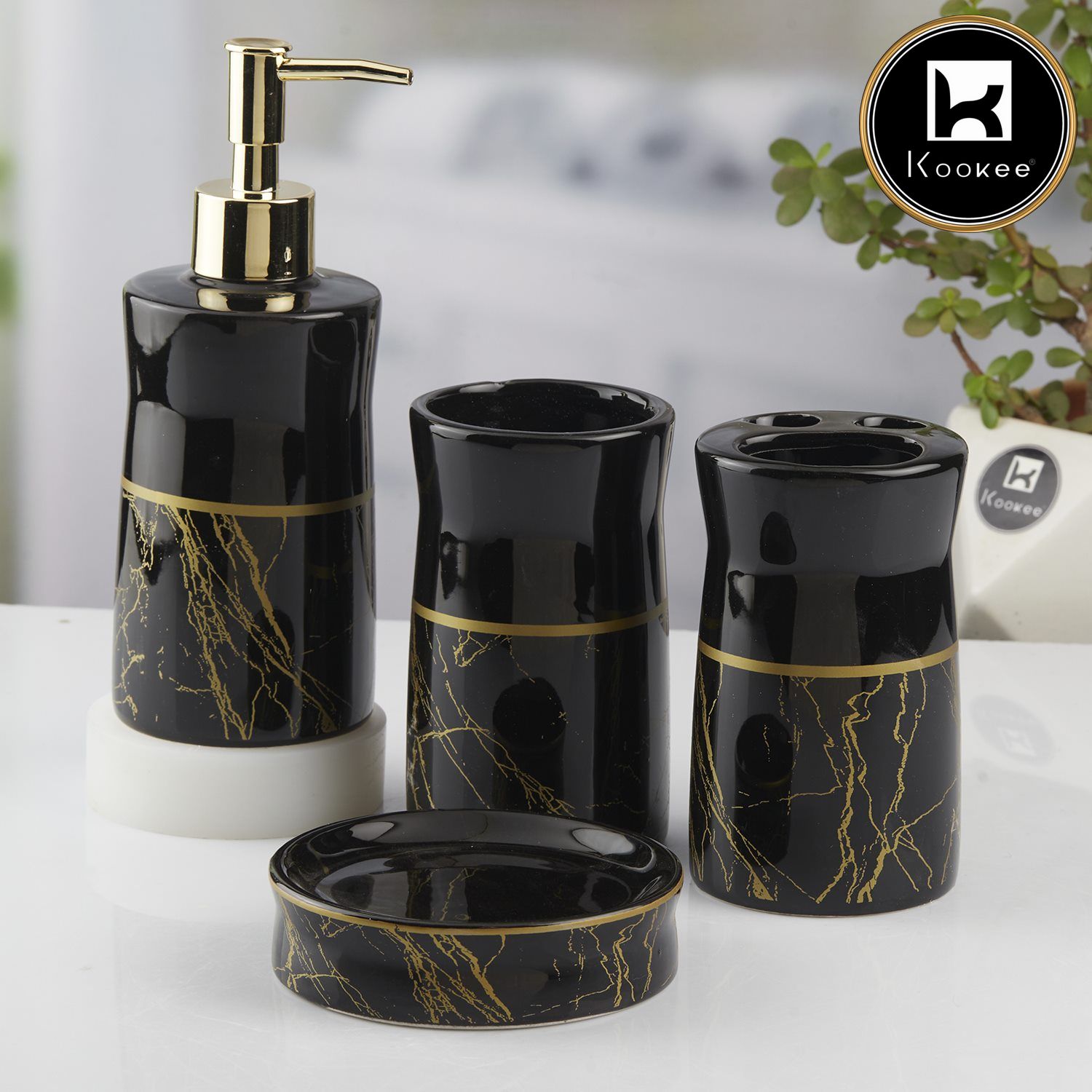 Kookee Ceramic Bathroom Accessories Set of 4, Modern Bath Set with Liquid handwash Soap Dispenser and Toothbrush holder, Luxury Gift Accessory for Home, Black/Gold