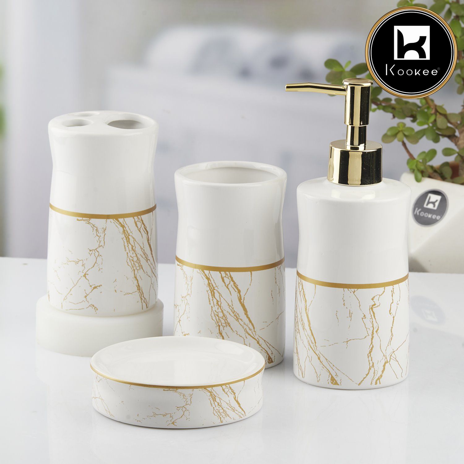 Ceramic Bathroom Set of 4 with Soap Dispenser (10476)