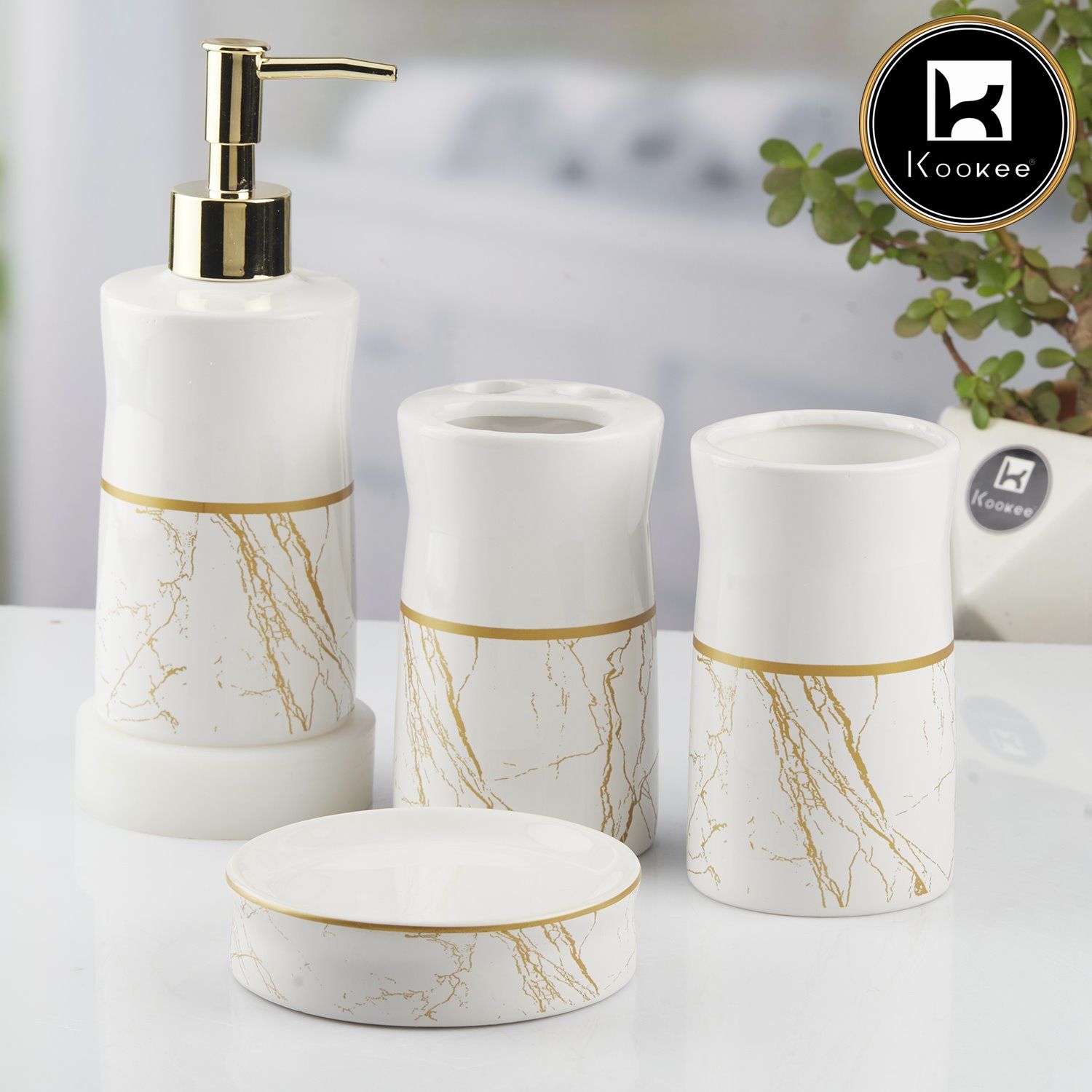 Kookee Ceramic Bathroom Accessories Set of 4, Modern Bath Set with Liquid handwash Soap Dispenser and Toothbrush holder, Luxury Gift Accessory for Home, White/Gold