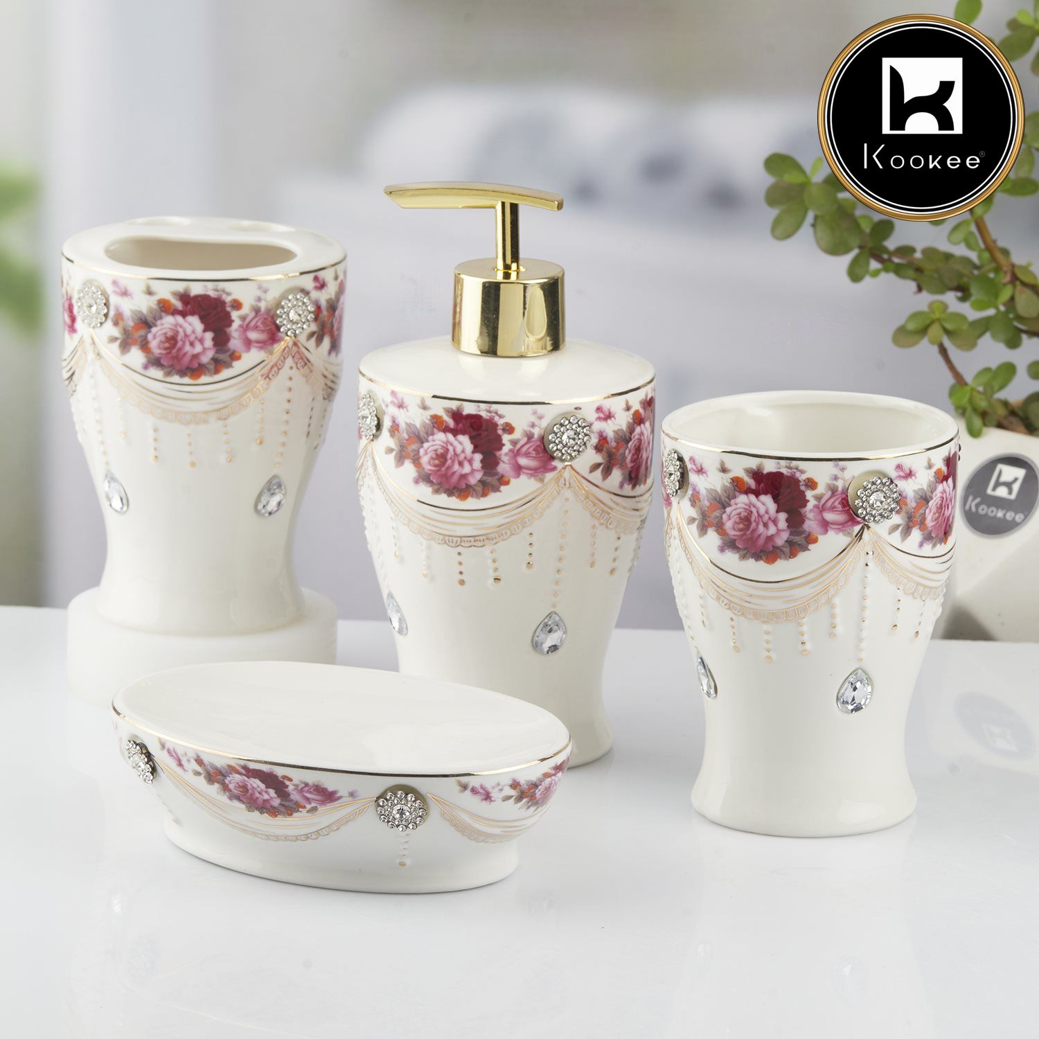 Ceramic Bathroom Set of 4 with Soap Dispenser (10477)