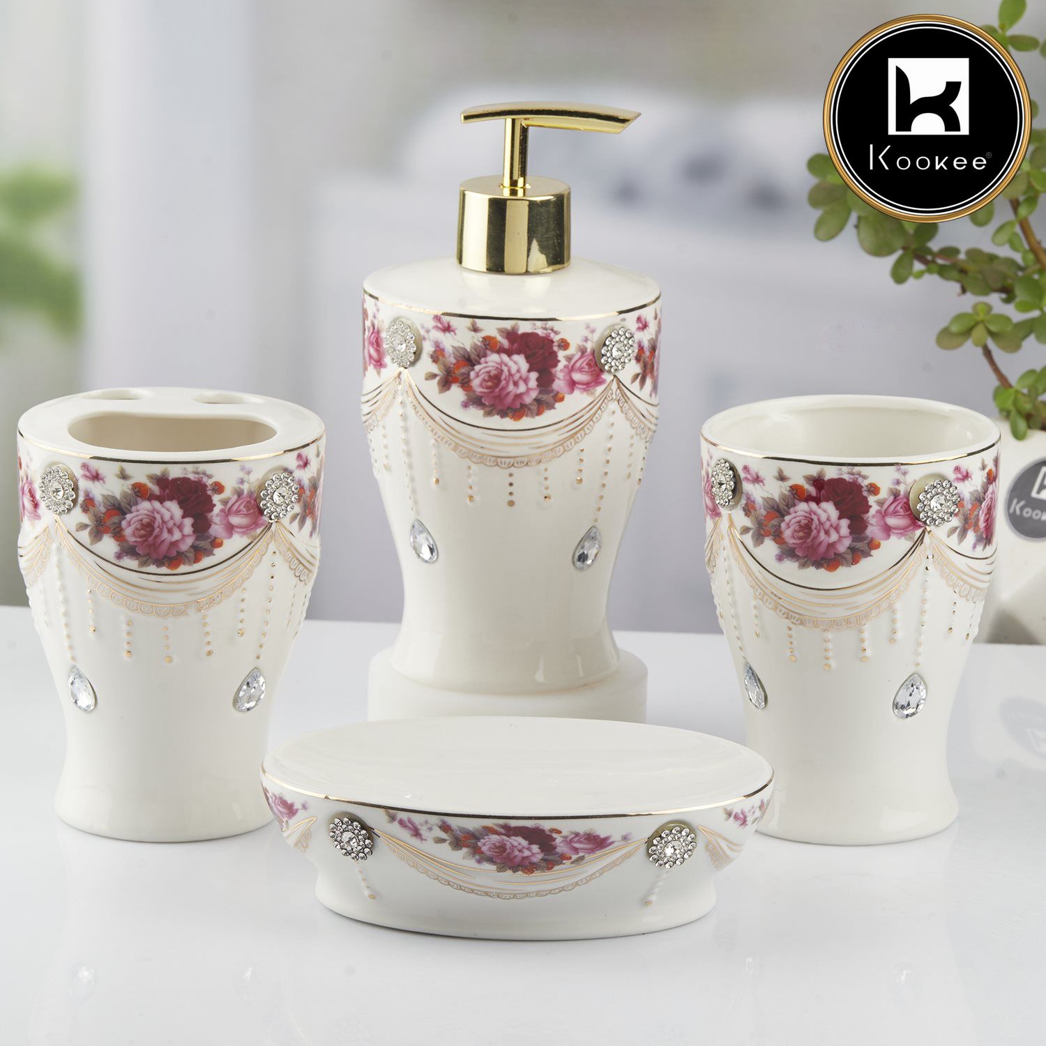 Ceramic Bathroom Set of 4 with Soap Dispenser (10477)