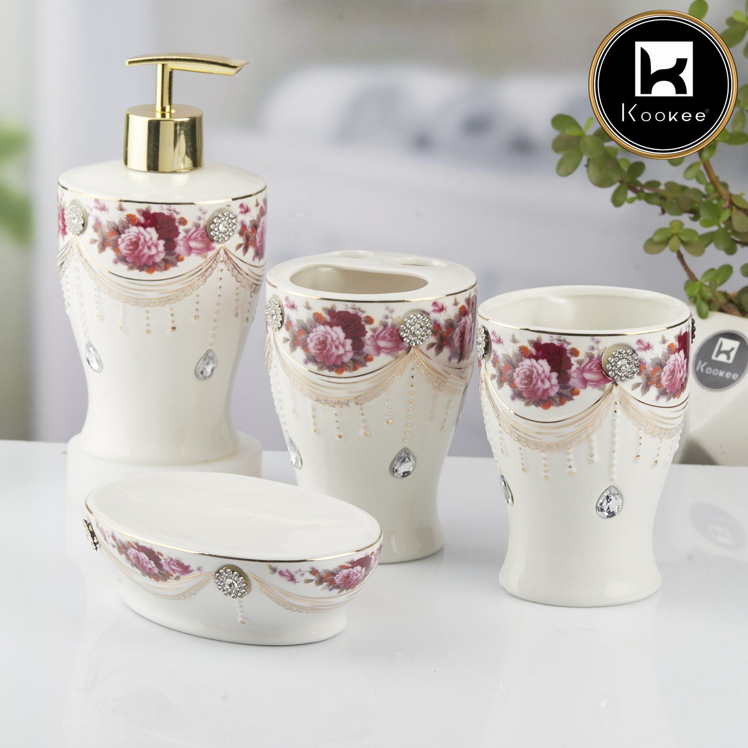 Ceramic Bathroom Set of 4 with Soap Dispenser (10477)