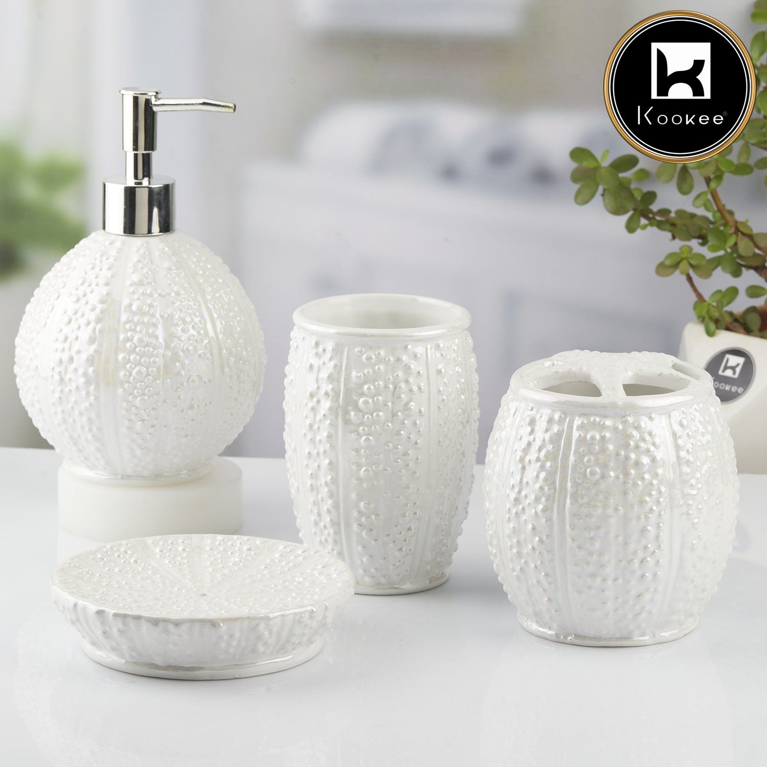 Kookee Ceramic Bathroom Accessories Set of 4, Modern Bath Set with Liquid handwash Soap Dispenser and Toothbrush holder, Luxury Gift Accessory for Home, White