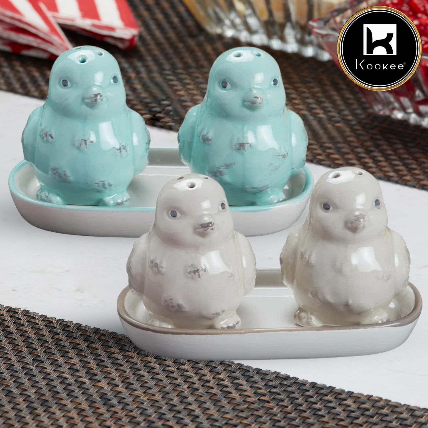 Kookee Ceramic Salt Pepper Container Set with tray (Pack of 2) (10492)