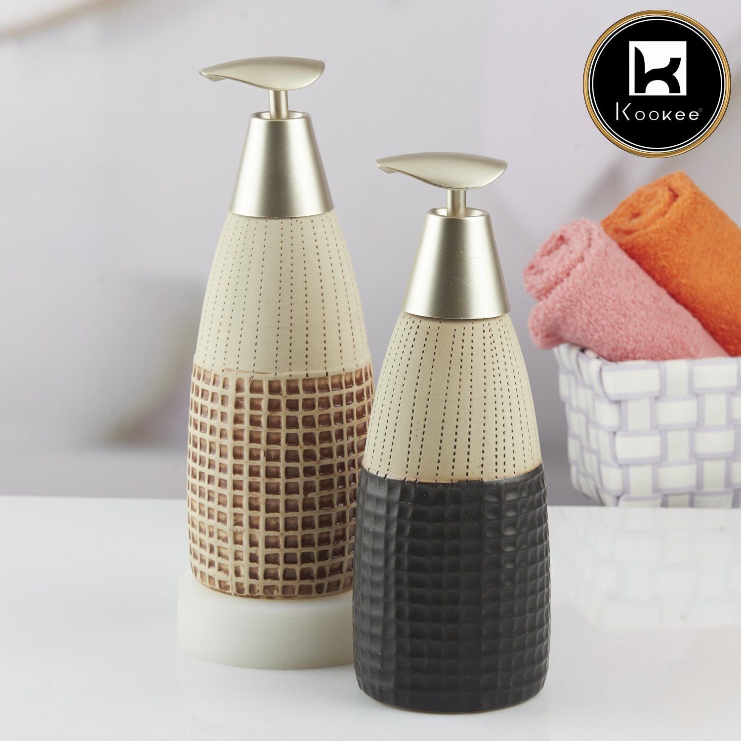 Ceramic Soap Dispenser for handwash for Bathroom, Black/Beige (Set of 2) (10892)