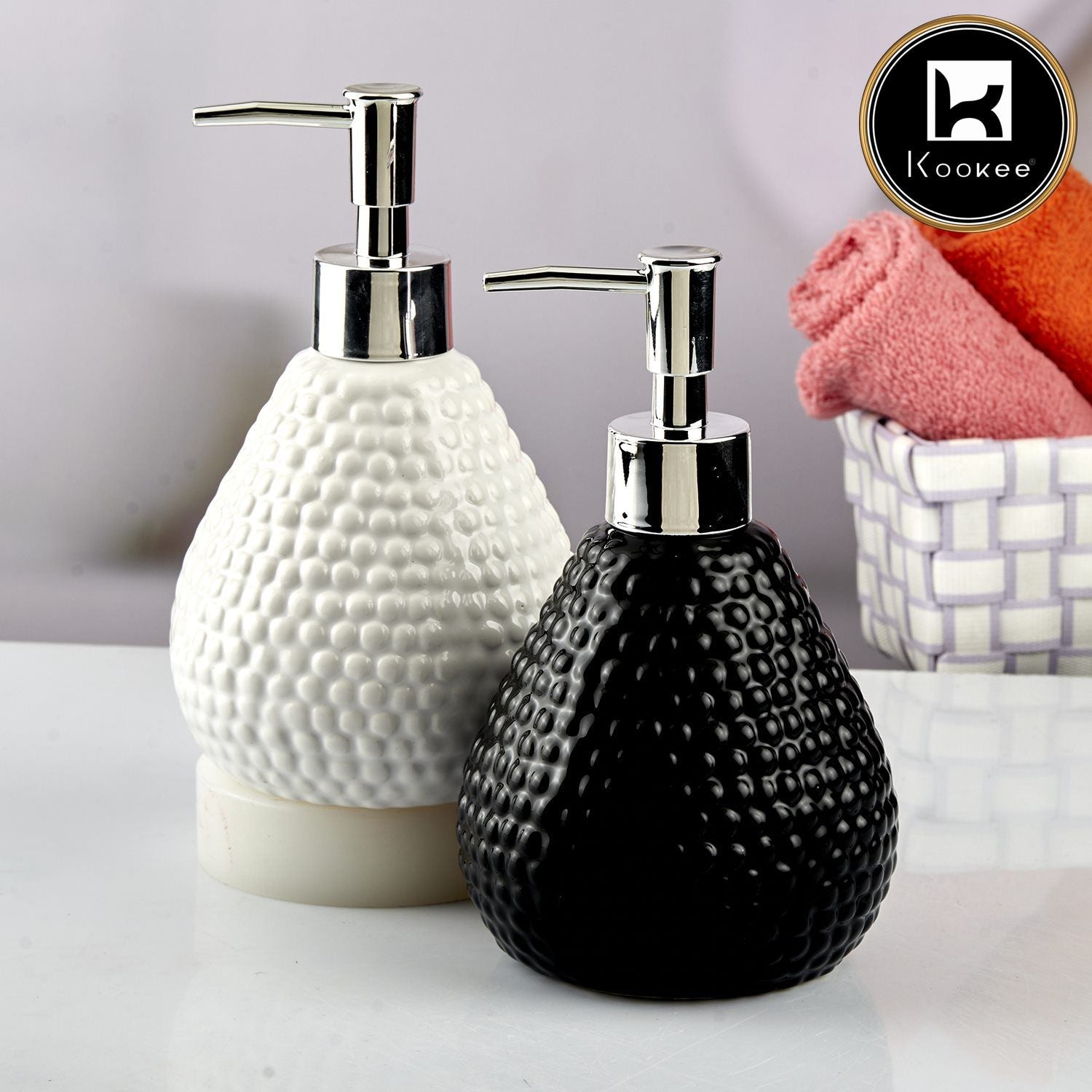 Ceramic Soap Dispenser for handwash for Bathroom, White/Black, (Set of 2) (10536)