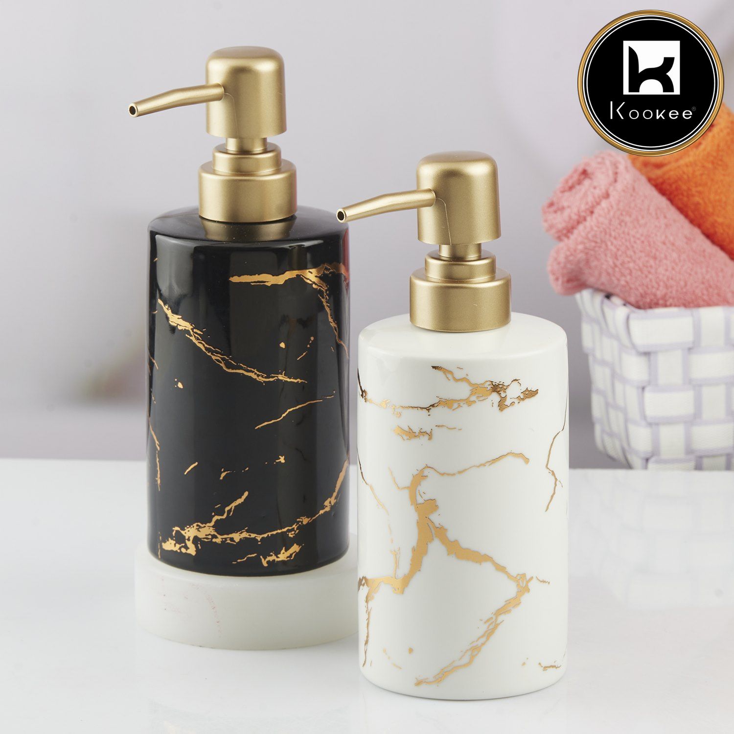 Ceramic Soap Dispenser for handwash for Bathroom, Black/Gold (Set of 2) (10986)