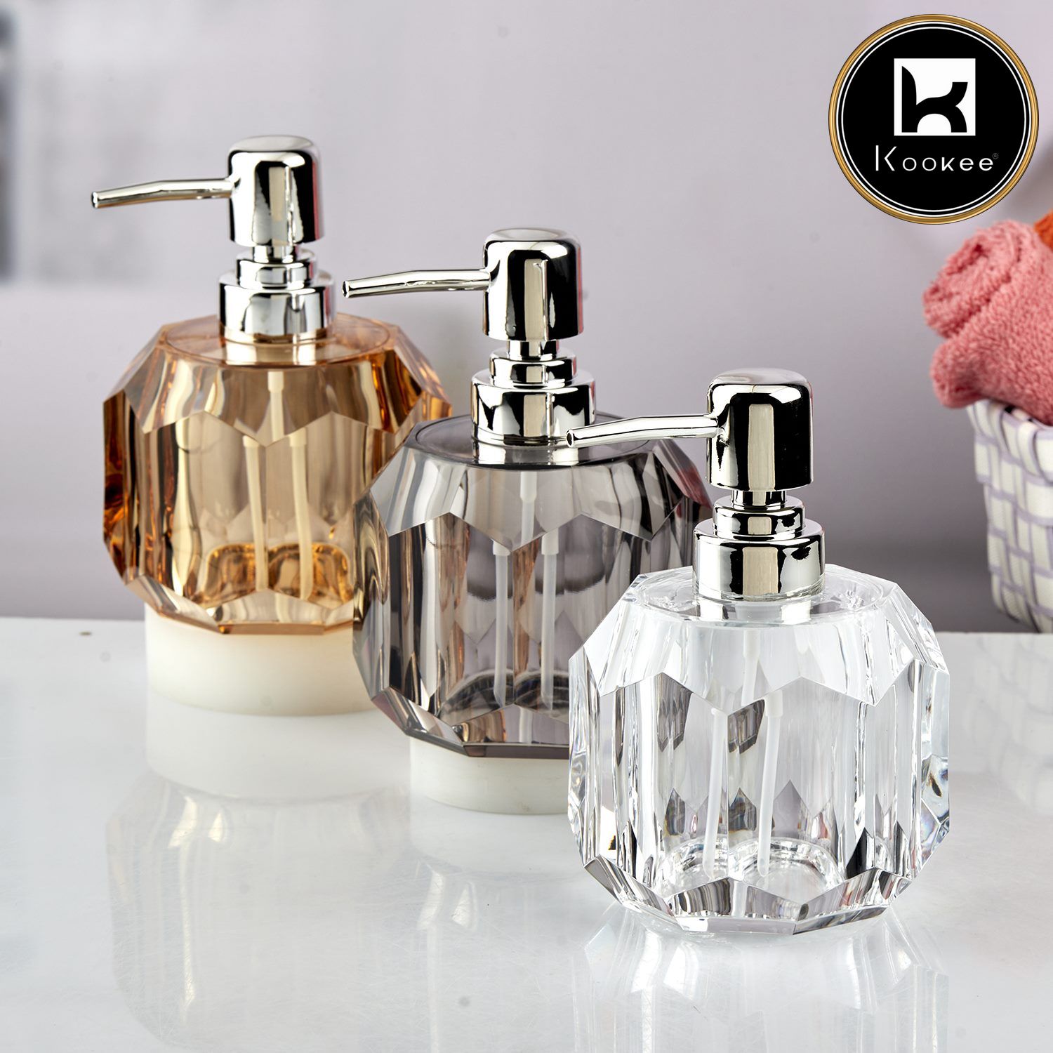 Kookee Acrylic Soap Dispenser for Bathroom handwash, refillable pump bottle for Kitchen hand wash basin, Set of 3, Transparent