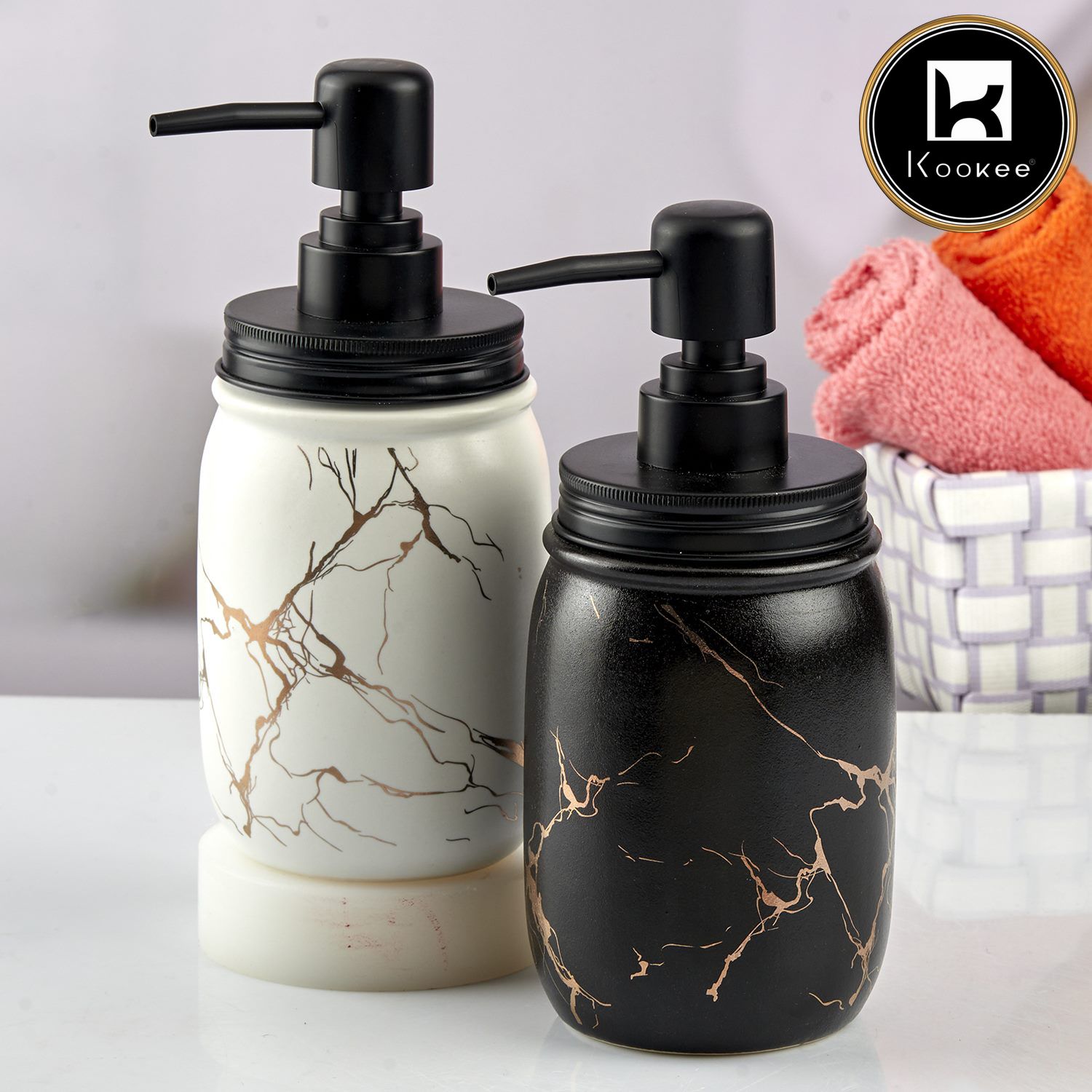 Ceramic Soap Dispenser for handwash for Bathroom, Black/White, (Set of 2) (10560)