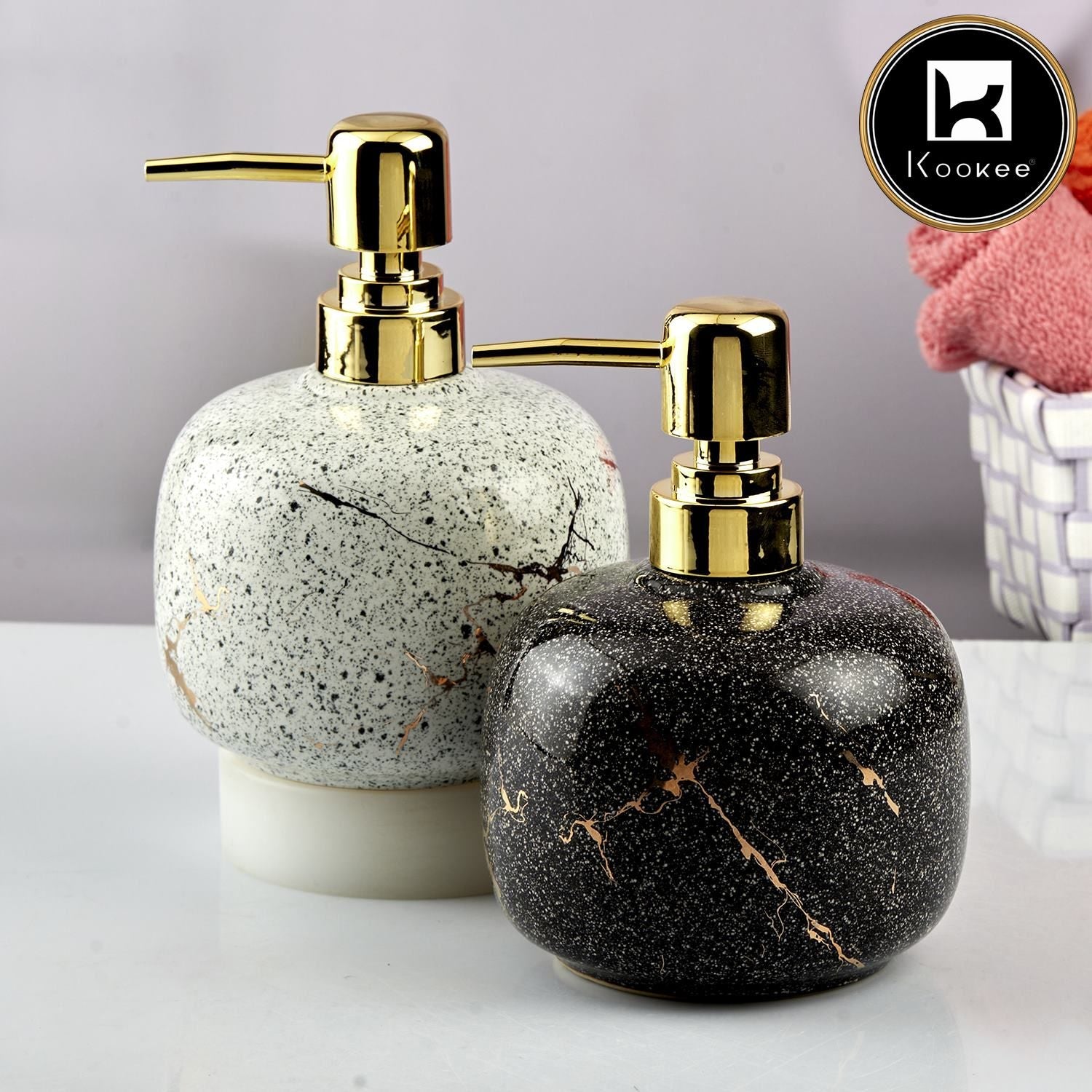 Ceramic Soap Dispenser for handwash for Bathroom, Black/White, (Set of 2) (10568)