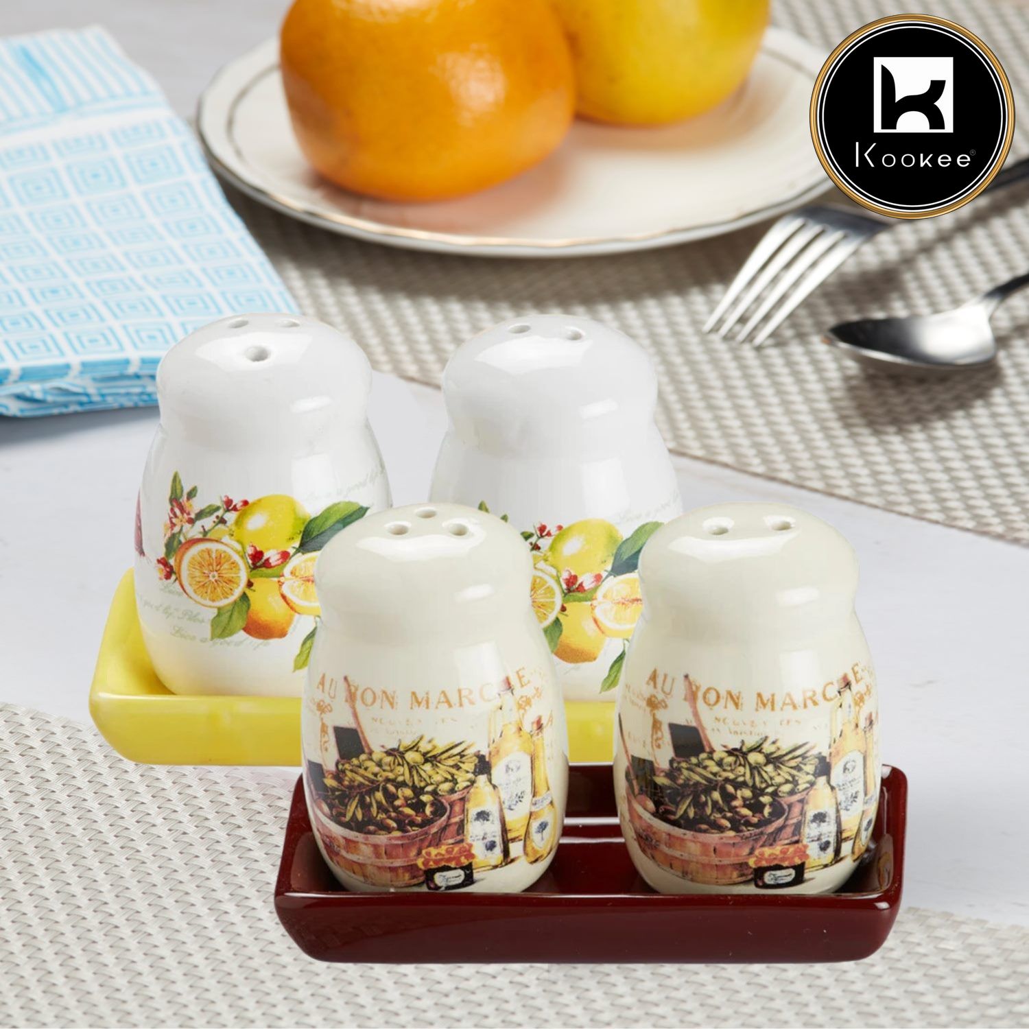 Kookee Ceramic Salt Pepper Container Set with tray (Pack of 2) (10583)