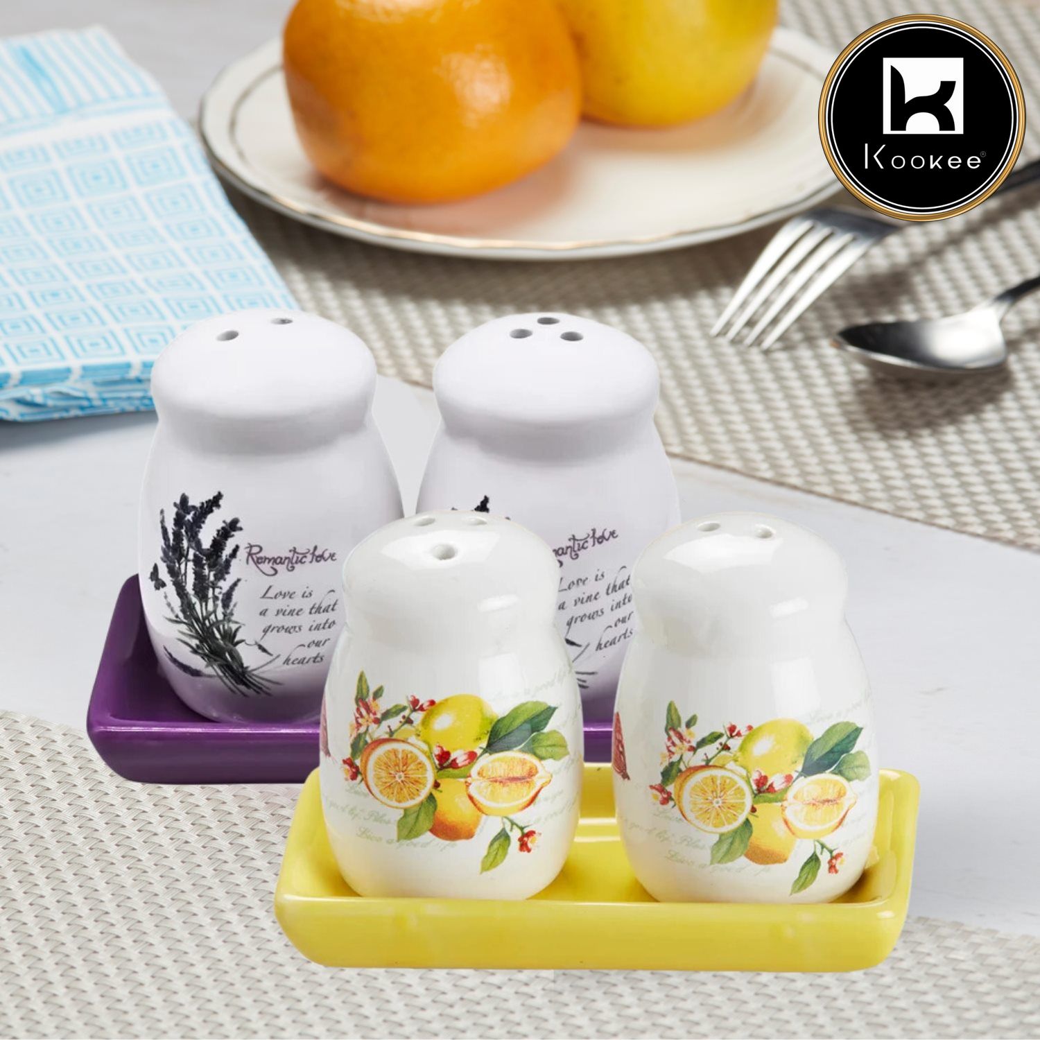 Kookee Ceramic Salt Pepper Container Set with tray (Pack of 2) (10584)