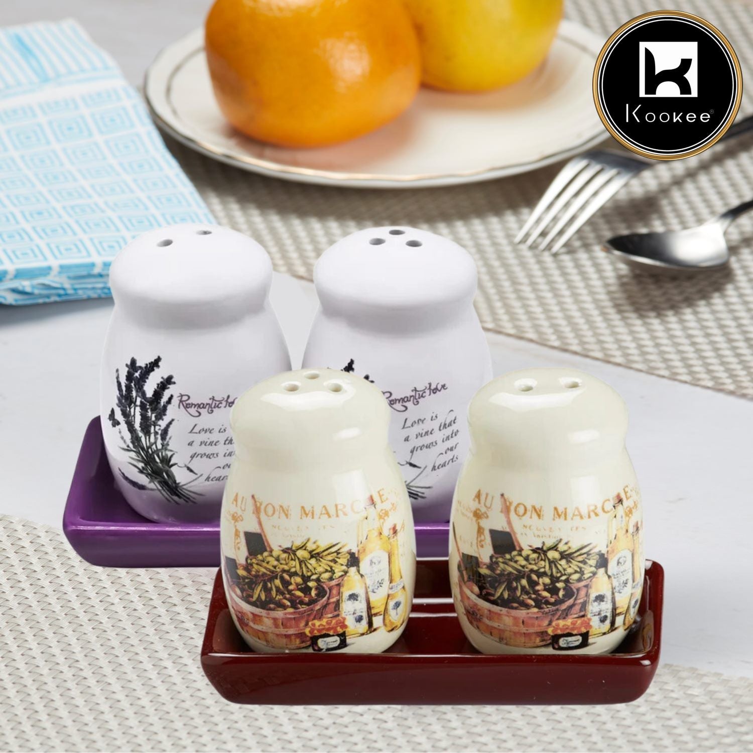 Kookee Ceramic Salt Pepper Container Set with tray (Pack of 2) (10587)