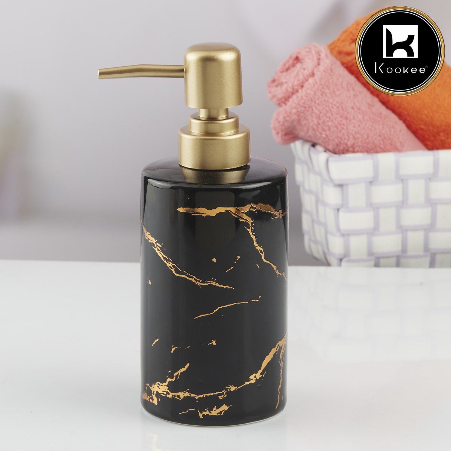 Ceramic Soap Dispenser for handwash for Bathroom, Black/Gold (V-CSD-018-1)
