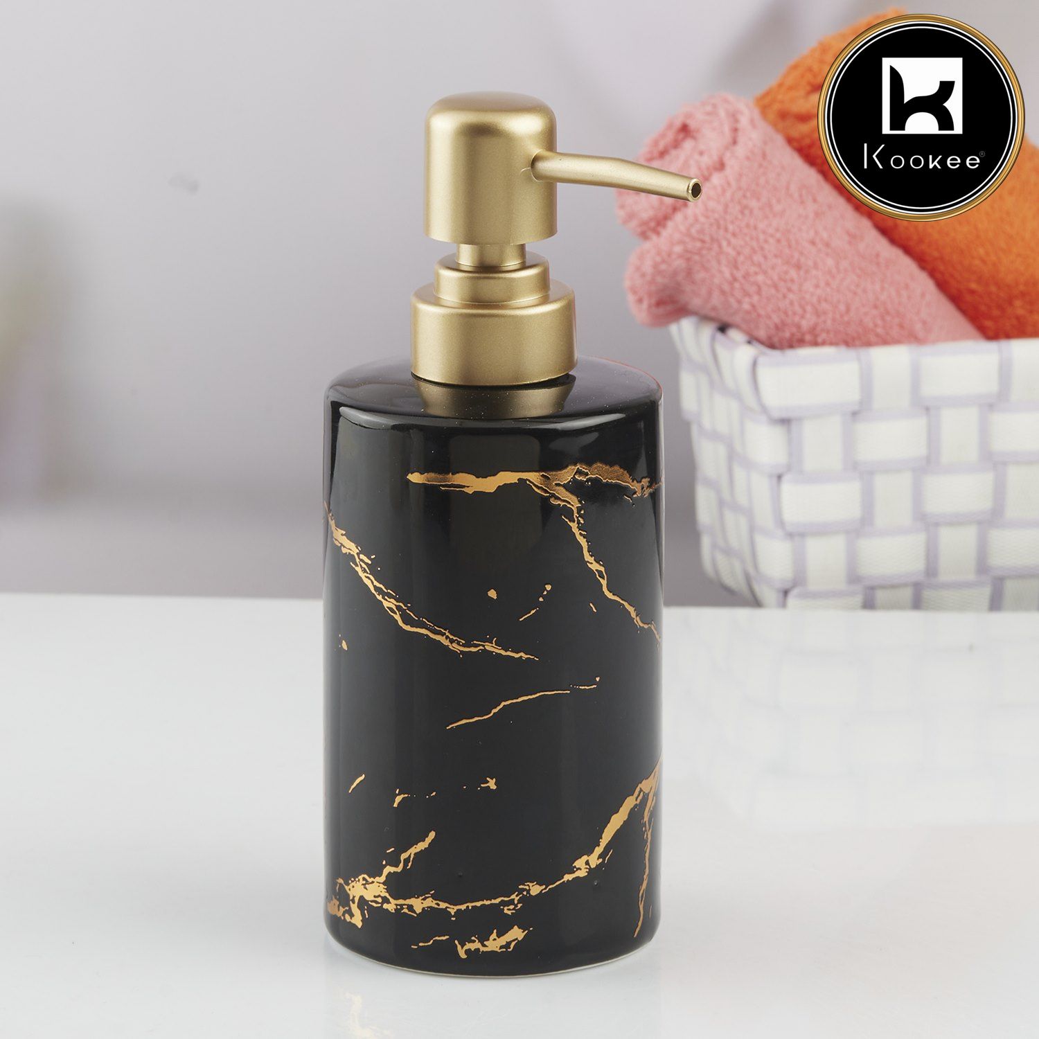 Ceramic Soap Dispenser for handwash for Bathroom, Black/Gold (Set of 1) (10591)