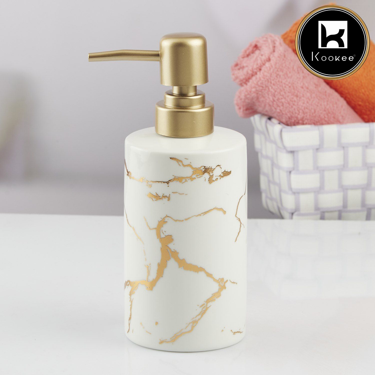 Ceramic Soap Dispenser for handwash for Bathroom, White/Gold, (Set of 1) (10592)