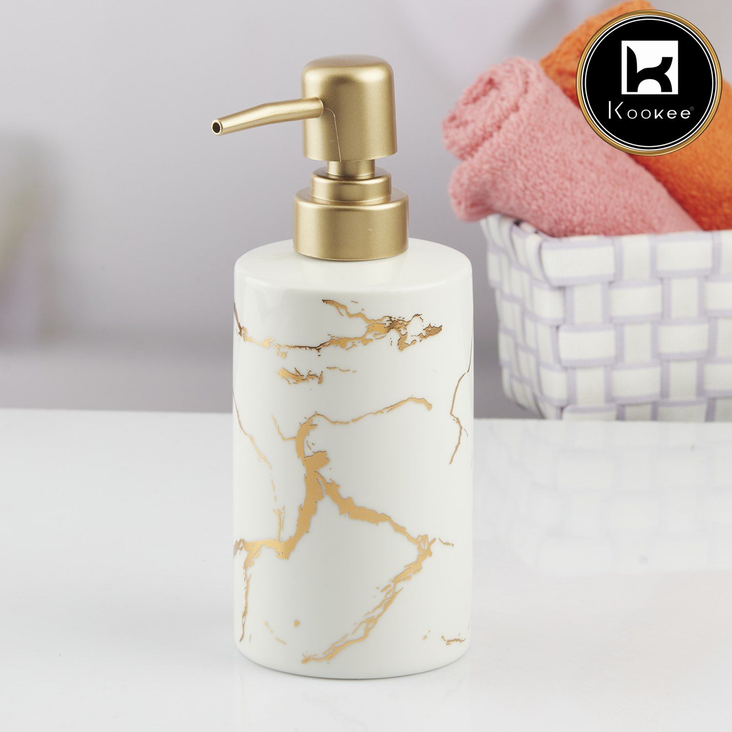 Ceramic Soap Dispenser for handwash for Bathroom, White/Gold, (Set of 1) (10592)