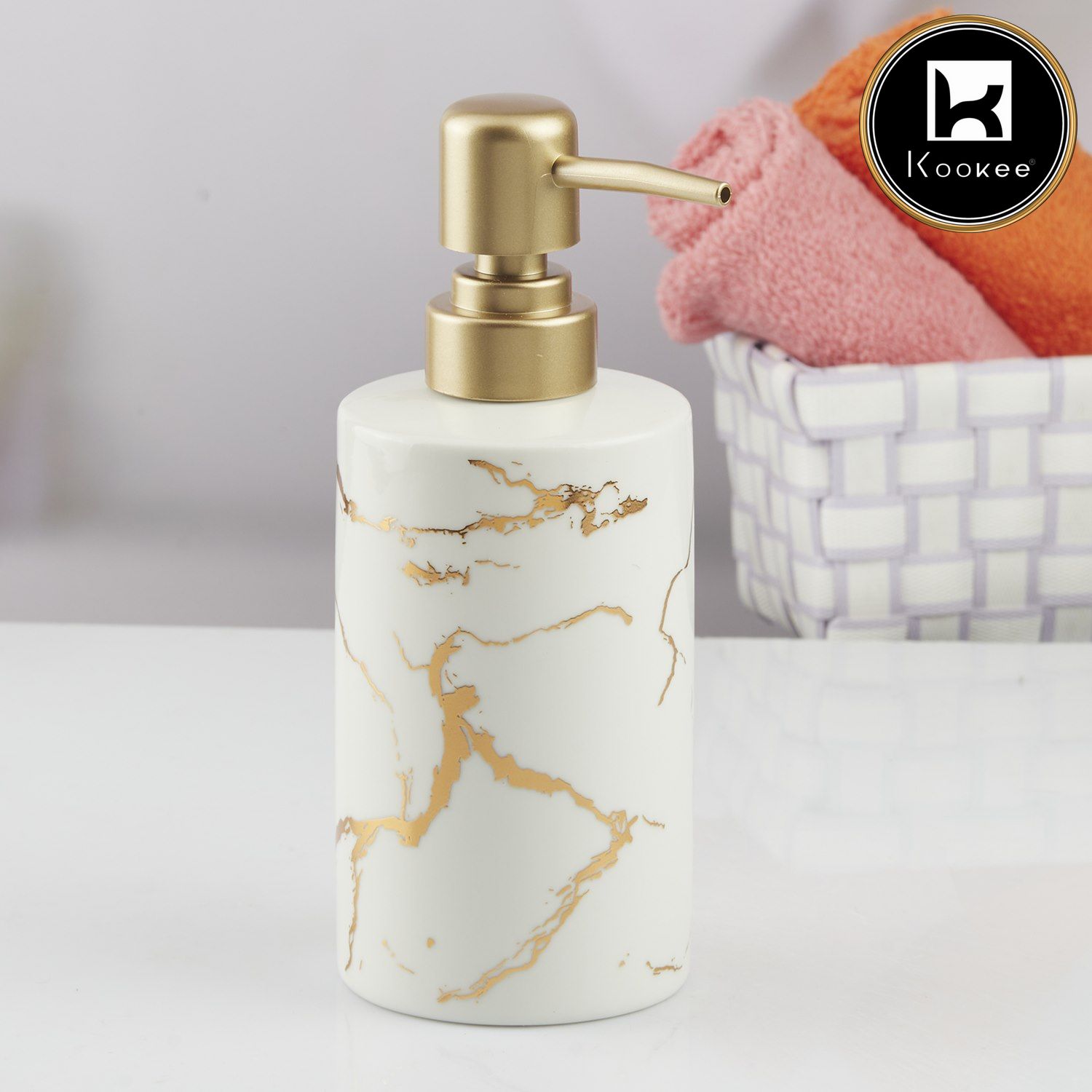 Kookee Ceramic Soap Dispenser with Stylish Refillable Pump Bottle for Bathroom Handwash & Kitchen Wash Basin, Perfect for Hand Soap, Lotion, and more, White/Gold,