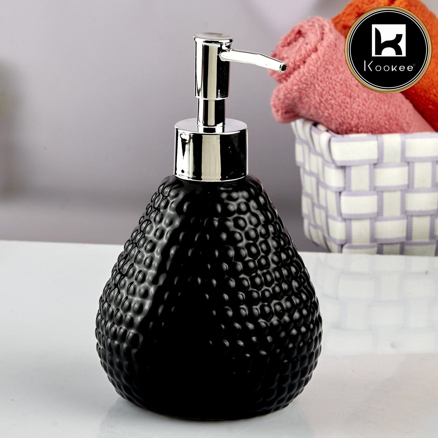 Kookee Ceramic Soap Dispenser with Stylish Refillable Pump Bottle for Bathroom Handwash & Kitchen Wash Basin, Perfect for Hand Soap, Lotion, and more, Black,