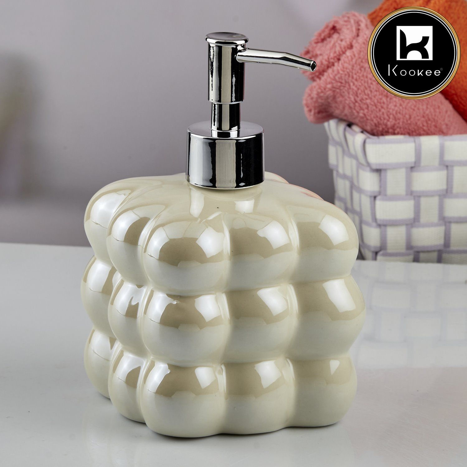 Kookee Ceramic Soap Dispenser with Stylish Refillable Pump Bottle for Bathroom Handwash & Kitchen Wash Basin, Perfect for Hand Soap, Lotion, and more, Beige,