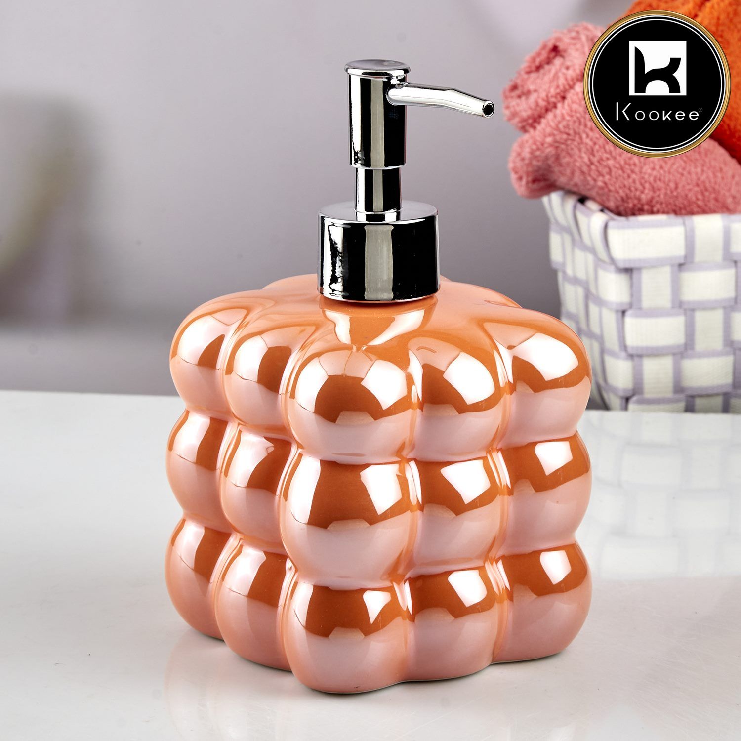 Kookee Ceramic Soap Dispenser with Stylish Refillable Pump Bottle for Bathroom Handwash & Kitchen Wash Basin, Perfect for Hand Soap, Lotion, and more, Orange,