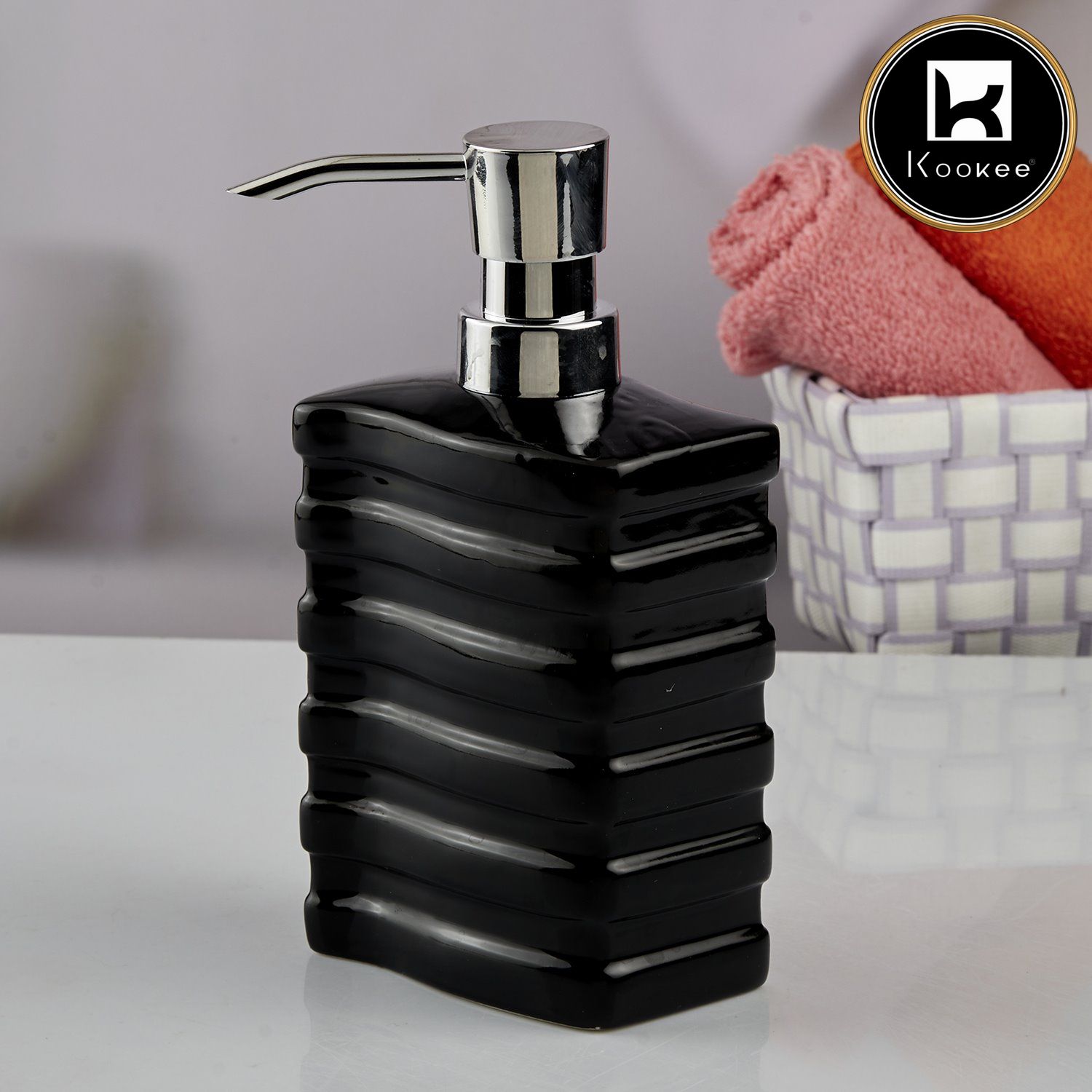 Kookee Ceramic Soap Dispenser with Stylish Refillable Pump Bottle for Bathroom Handwash & Kitchen Wash Basin, Perfect for Hand Soap, Lotion, and more, Black,