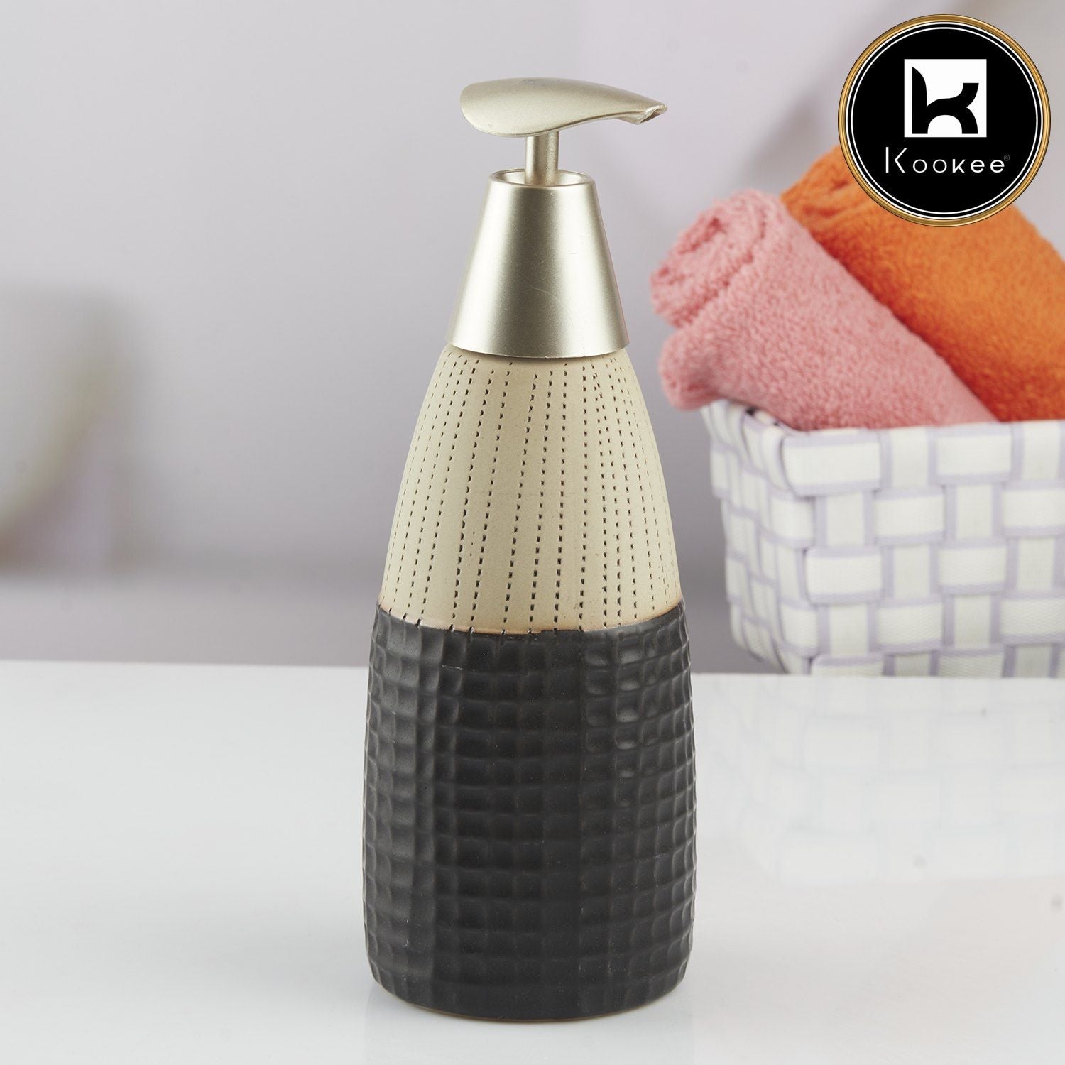 Ceramic Soap Dispenser for handwash for Bathroom, Black/Beige (Set of 1) (10615)