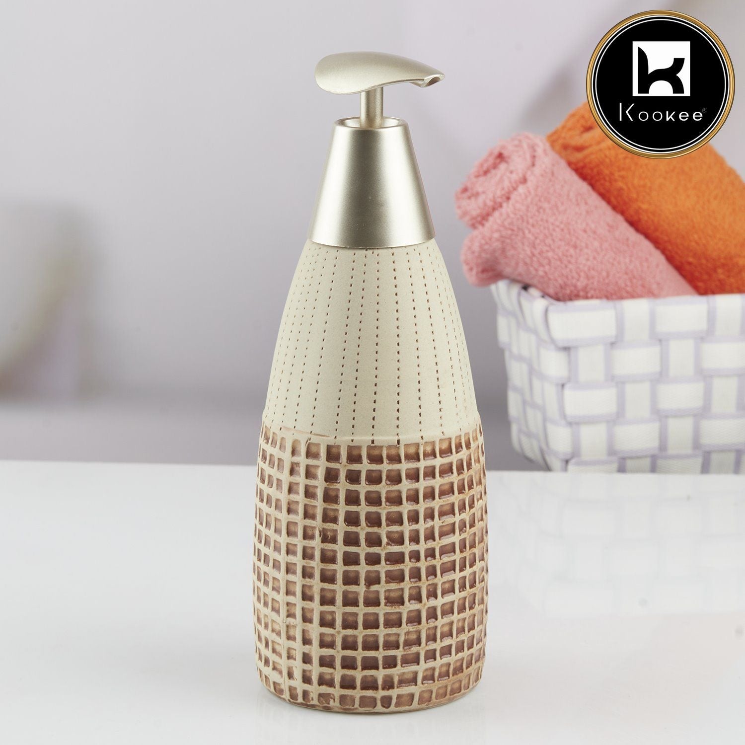 Kookee Ceramic Soap Dispenser with Stylish Refillable Pump Bottle for Bathroom Handwash & Kitchen Wash Basin, Perfect for Hand Soap, Lotion, and more, Brown/Beige,