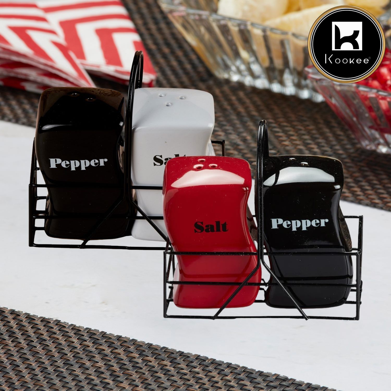 Kookee Ceramic Salt Pepper Container Set with tray (Pack of 2) (10646)