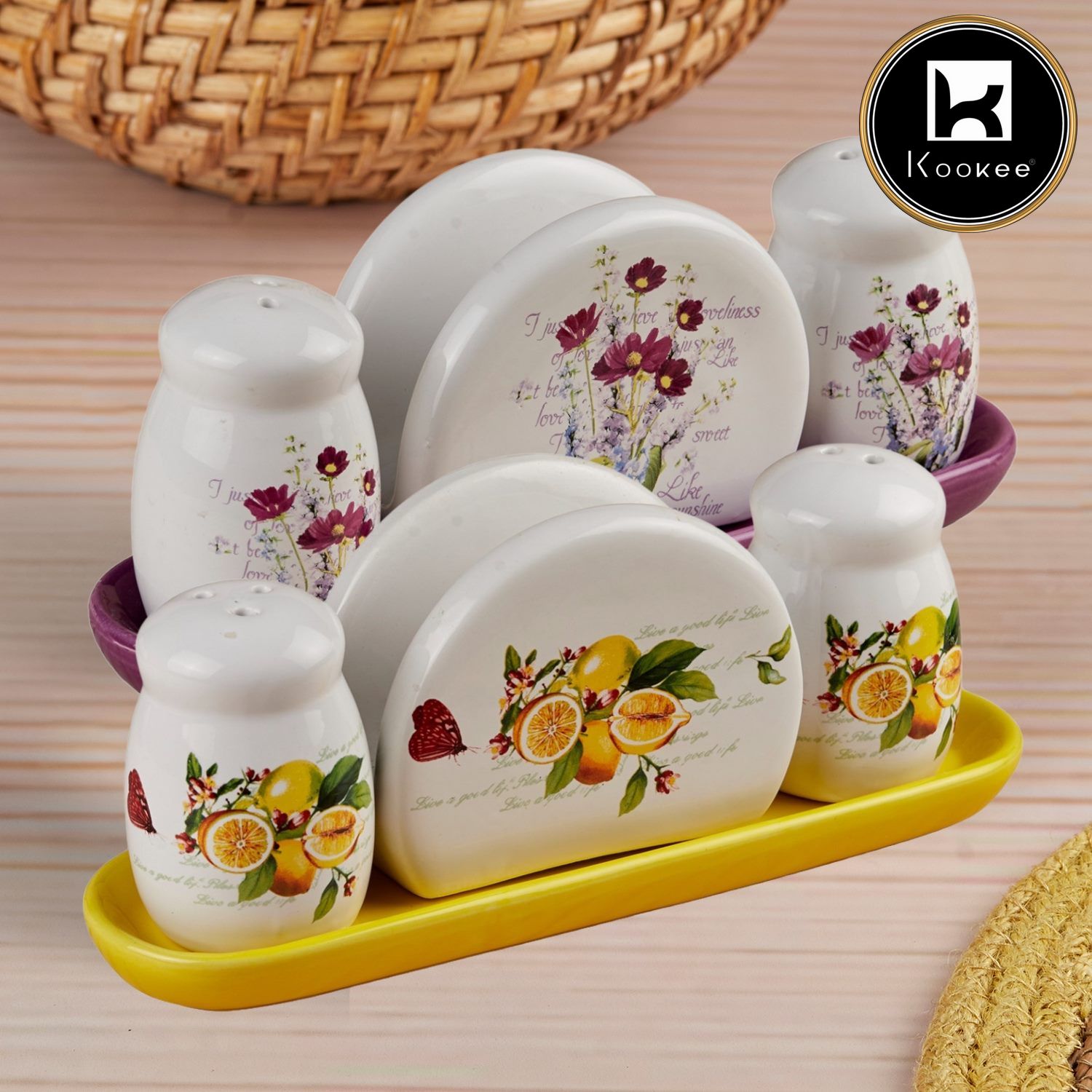 Kookee Ceramic Salt Pepper Container Set with tray (Pack of 2) (10652)