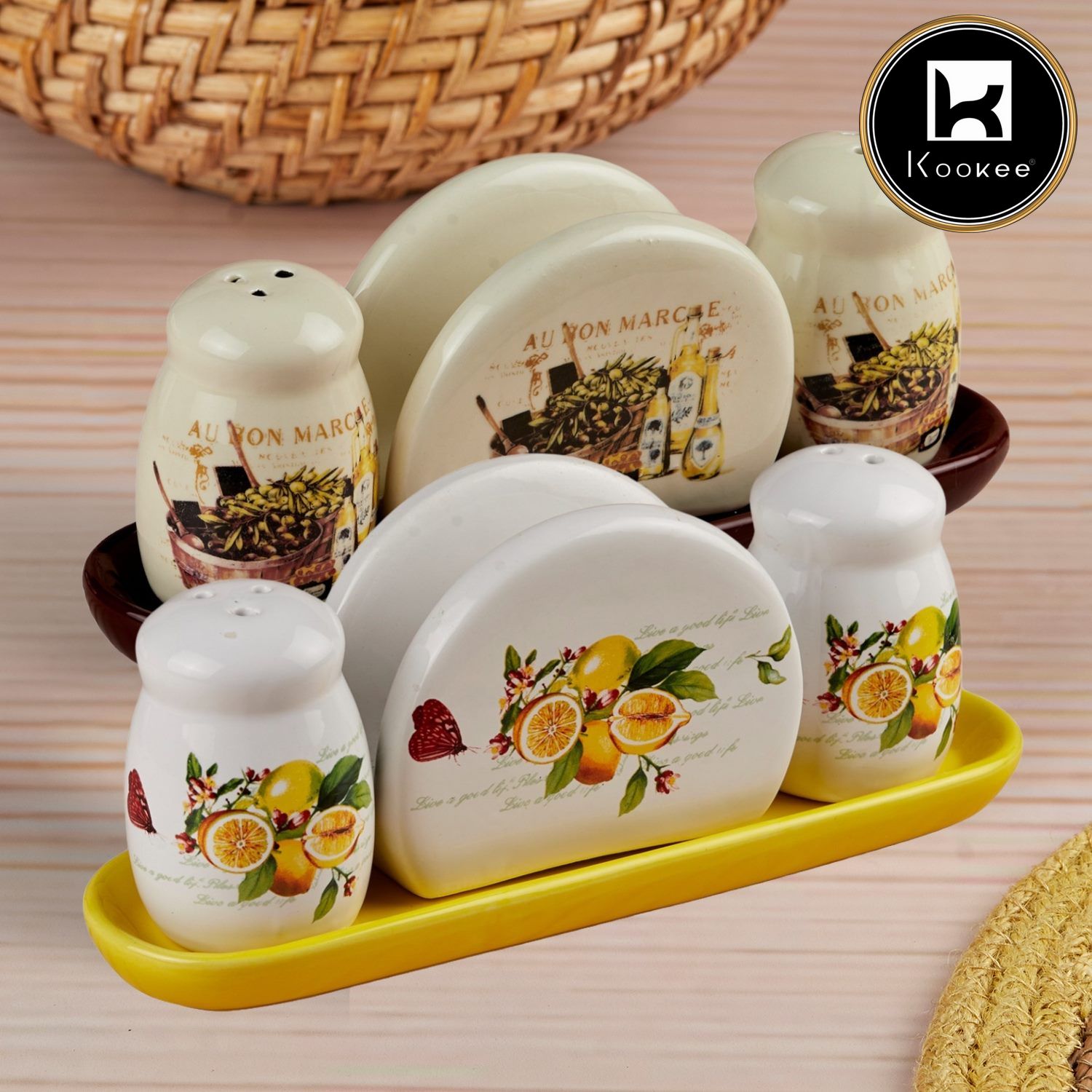 Kookee Ceramic Salt Pepper Container Set with tray (Pack of 2) (10653)
