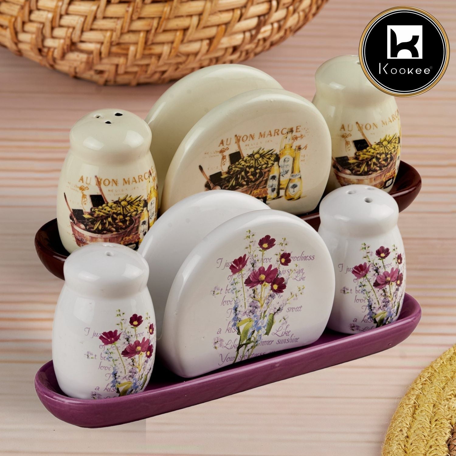Kookee Ceramic Salt Pepper Container Set with tray (Pack of 2) (10654)