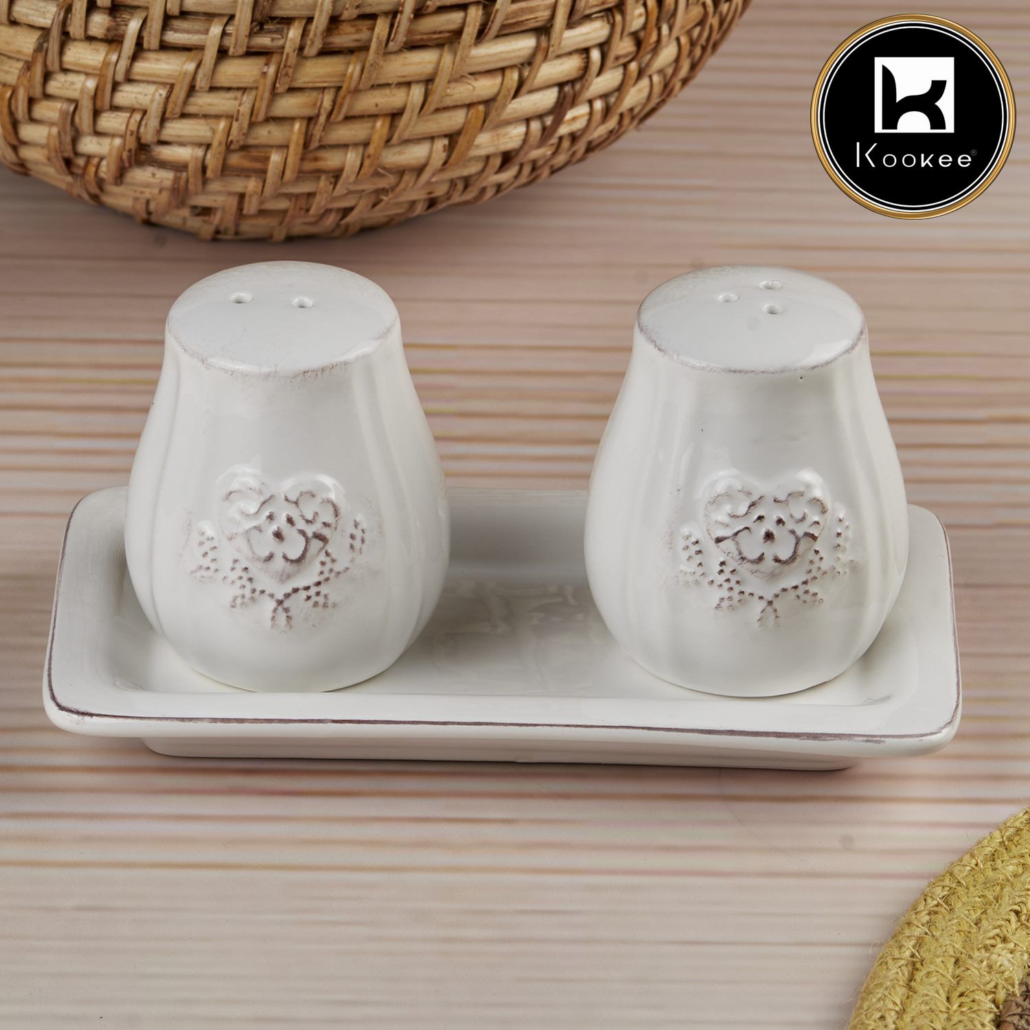 Ceramic Salt and Pepper Shakers Set with tray for Dining Table (10656)