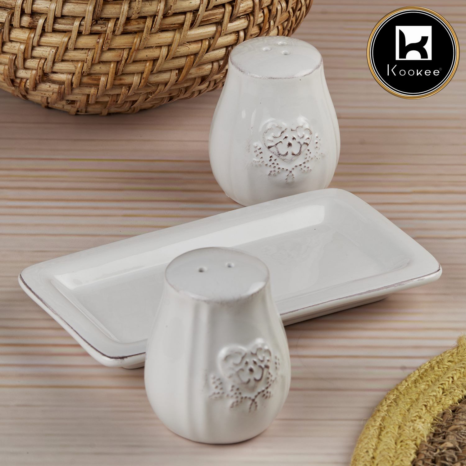 Ceramic Salt and Pepper Shakers Set with tray for Dining Table (10656)