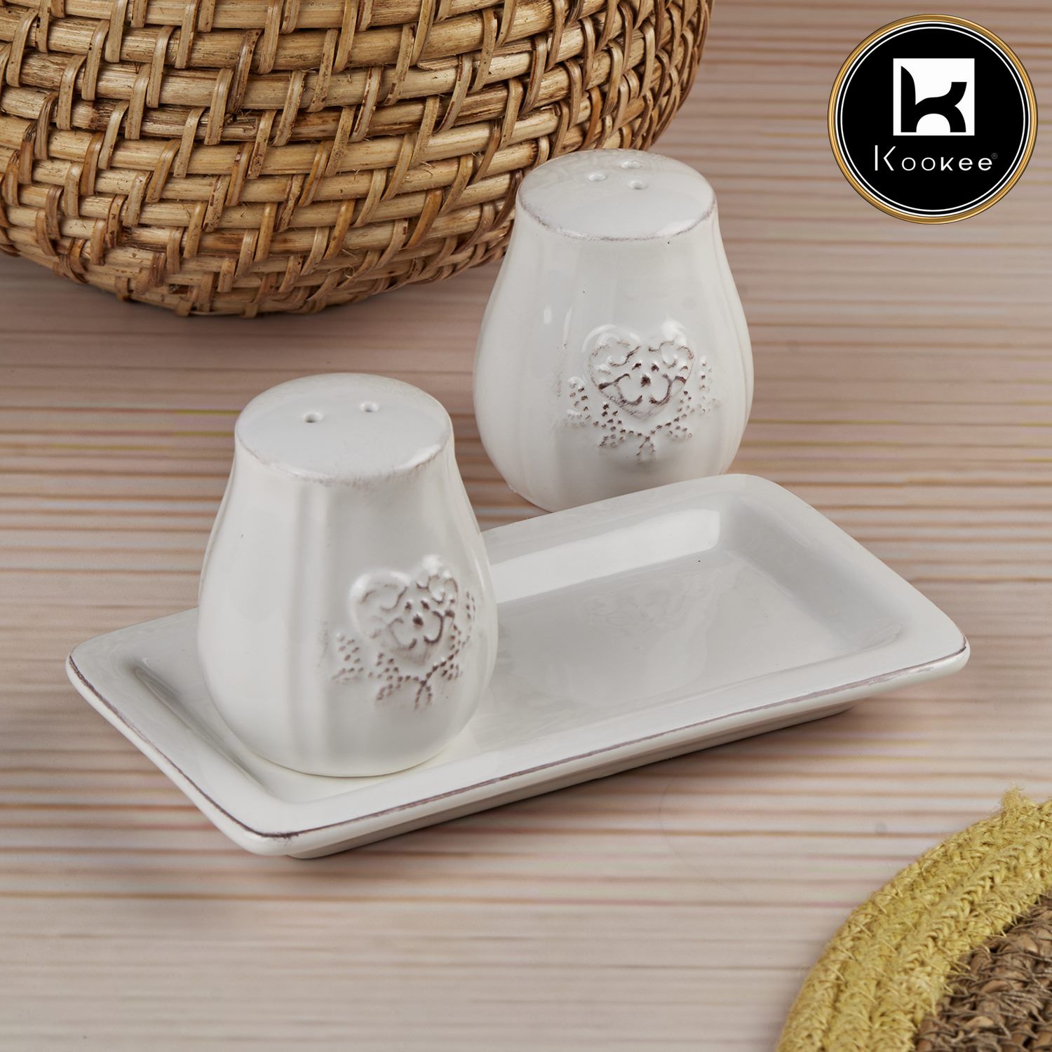 Ceramic Salt and Pepper Shakers Set with tray for Dining Table (10656)