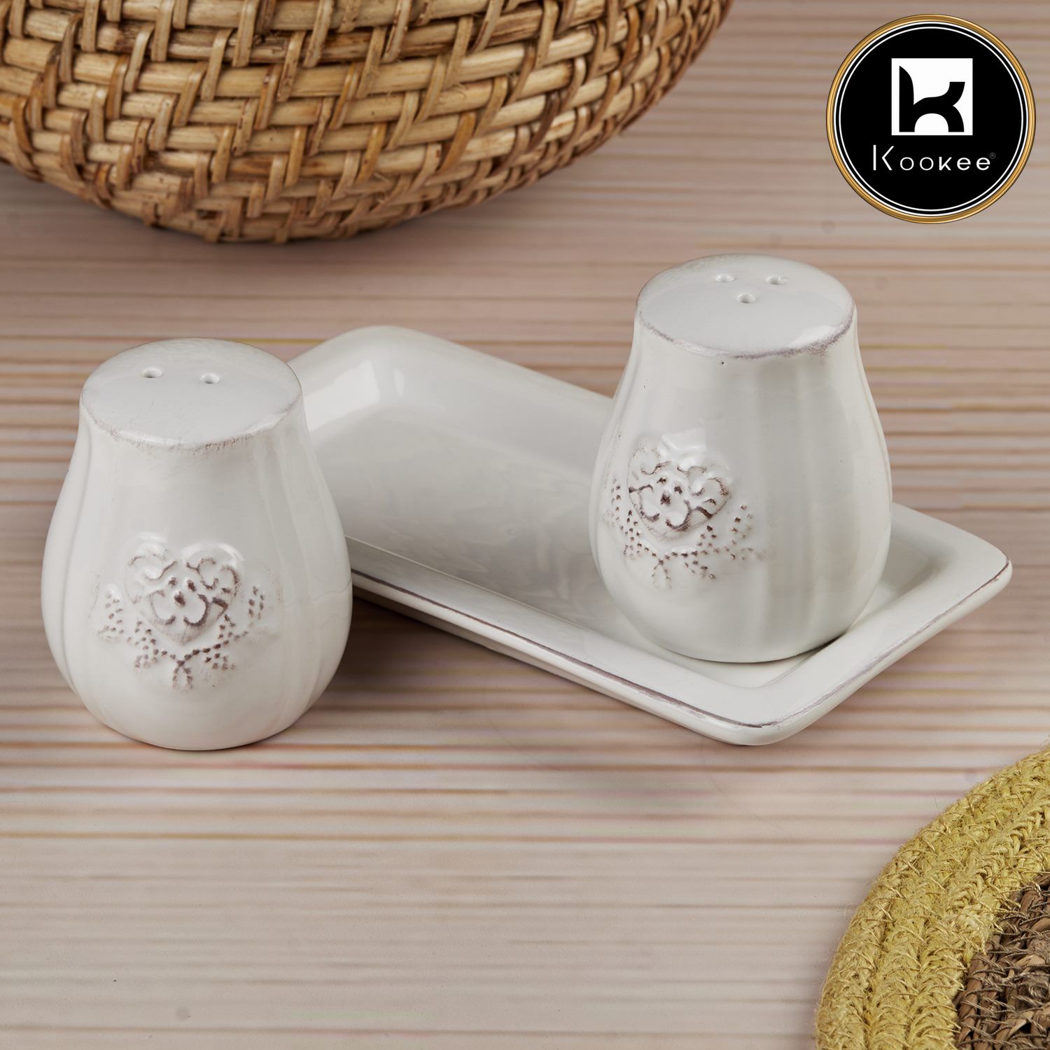 Kookee Ceramic Salt and Pepper Shakers Set with tray for Dining Table (10656)