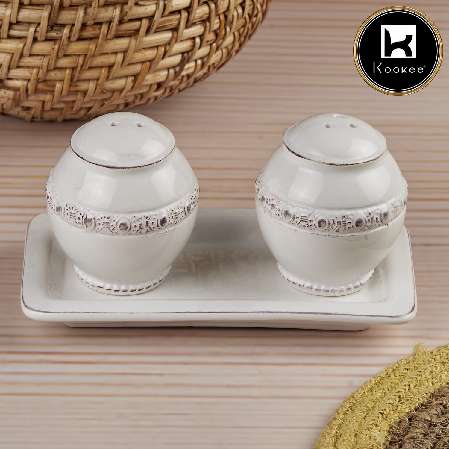 Ceramic Salt and Pepper Shakers Set with tray for Dining Table (10657)