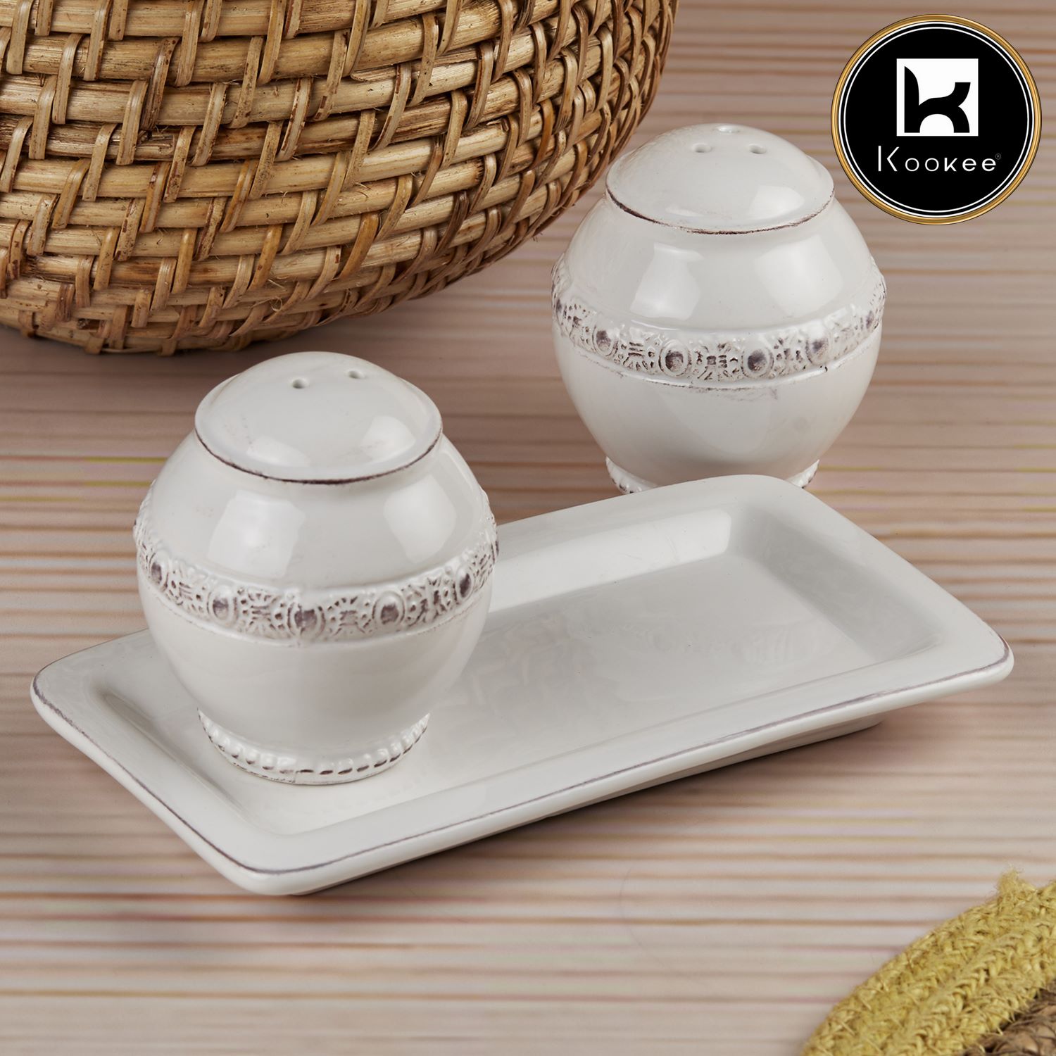 Kookee Ceramic Salt and Pepper Shakers Set with tray for Dining Table (10657)