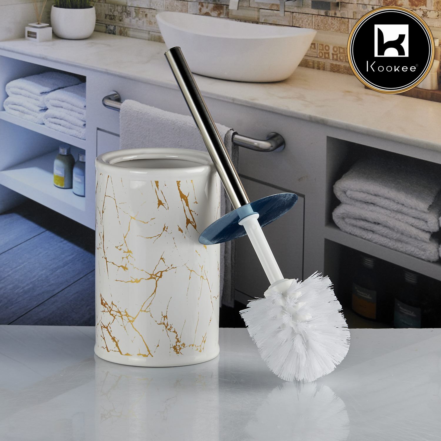 Kookee Ceramic Toilet Cleaner Brush with Holder Stand for Bathroom, Commode, Washroom, Toilet Cleaning Brush, White