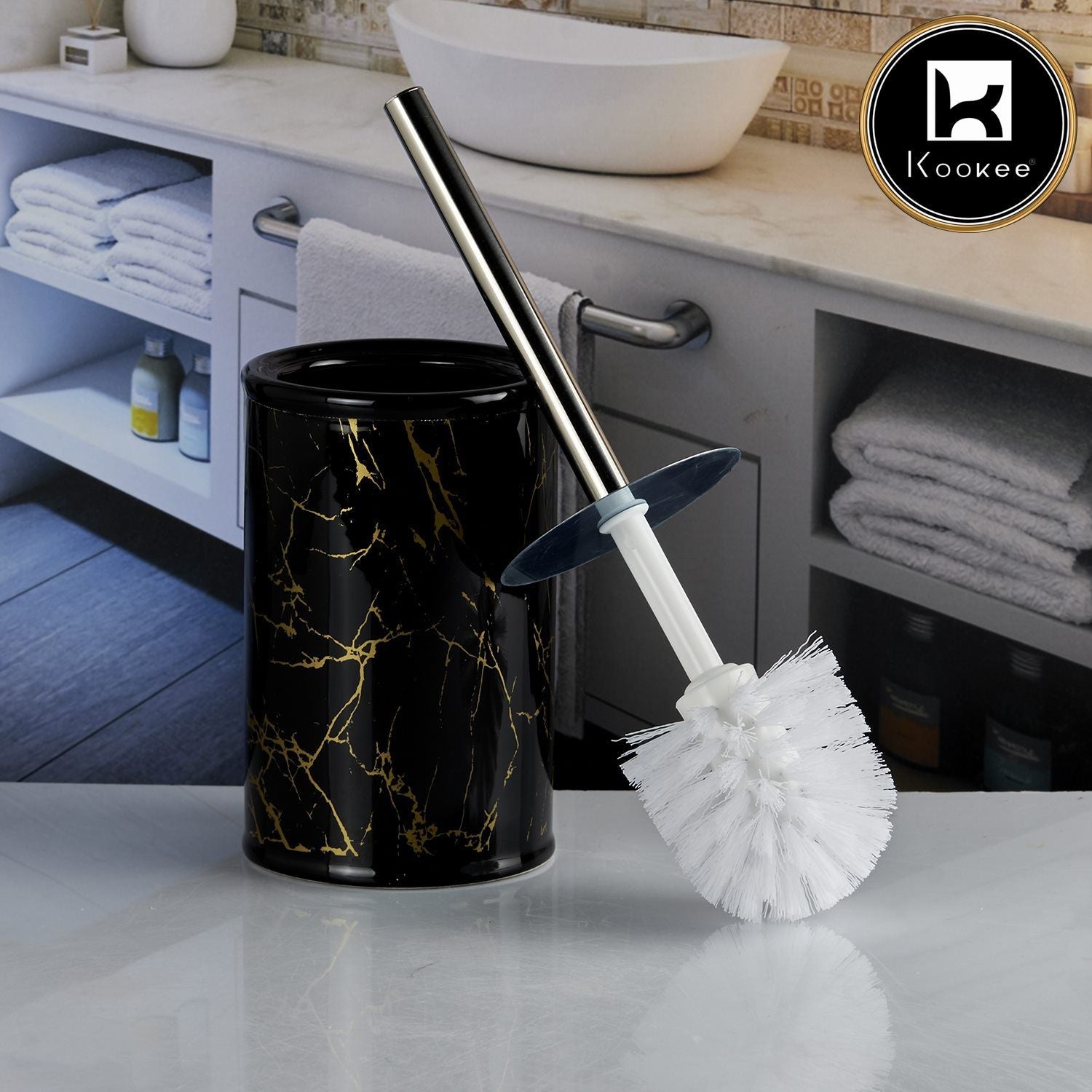 Kookee Ceramic Toilet Cleaner Brush with Holder Stand for Bathroom, Commode, Washroom, Toilet Cleaning Brush, Black