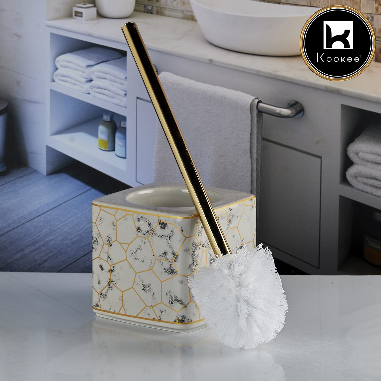 Kookee Ceramic Toilet Cleaner Brush with Holder Stand for Bathroom, Commode, Washroom, Toilet Cleaning Brush, Light Grey