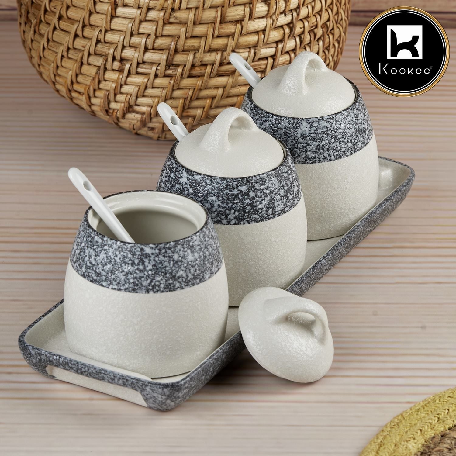 Ceramic Condiment Jars and Containers Set of 3 with Tray and Spoon for Kitchen (10678)