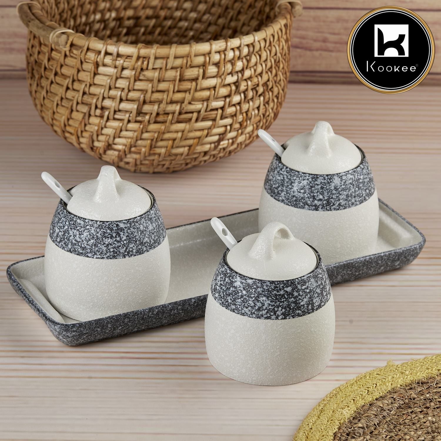 Ceramic Condiment Jars and Containers Set of 3 with Tray and Spoon for Kitchen (10678)