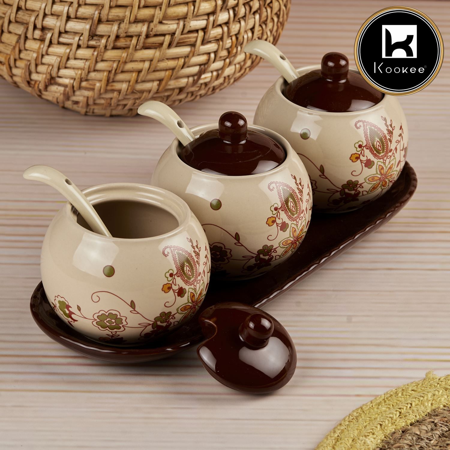 Ceramic Condiment Jars and Containers Set of 3 with Tray and Spoon for Kitchen (10679)