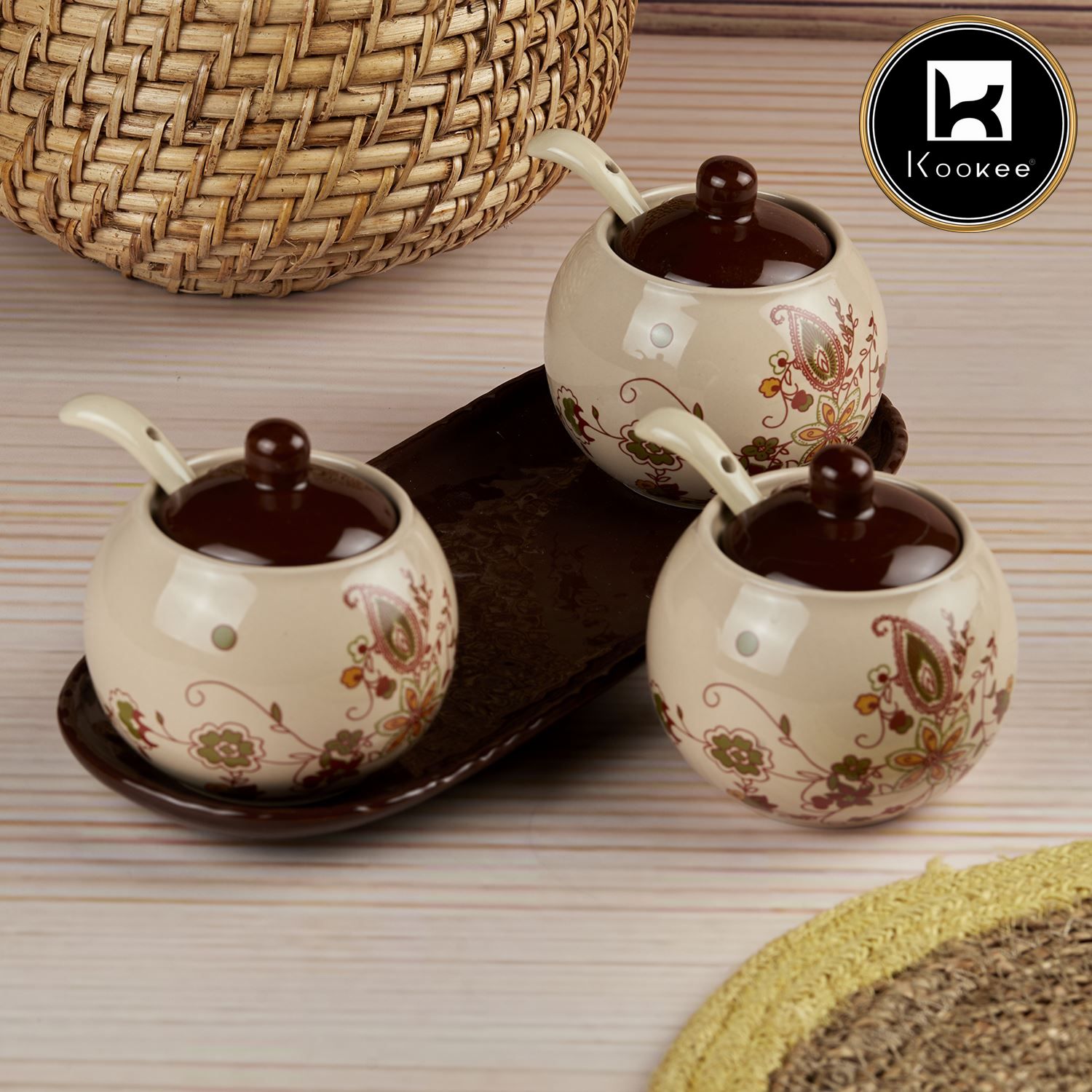 Ceramic Condiment Jars and Containers Set of 3 with Tray and Spoon (10679)