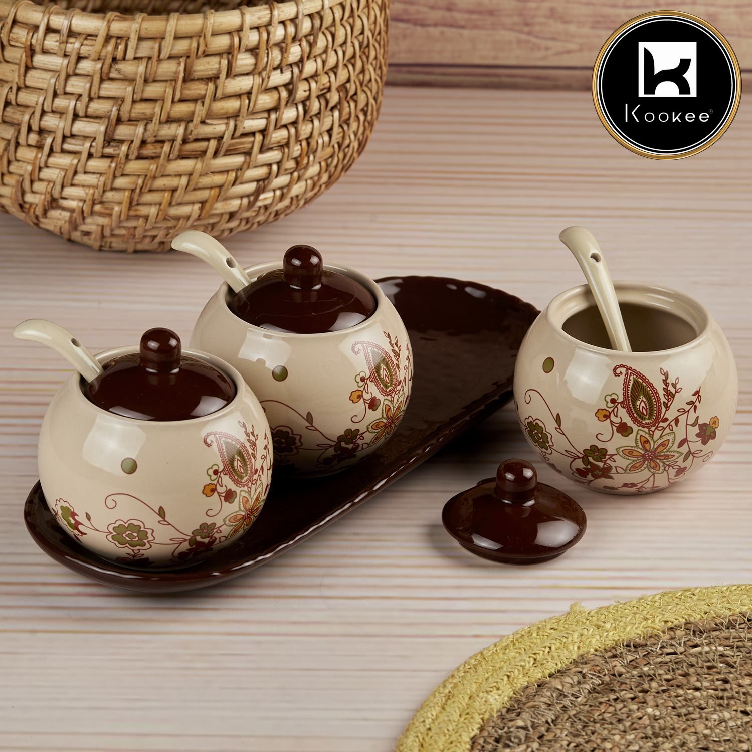 Ceramic Condiment Jars and Containers Set of 3 with Tray and Spoon (10679)