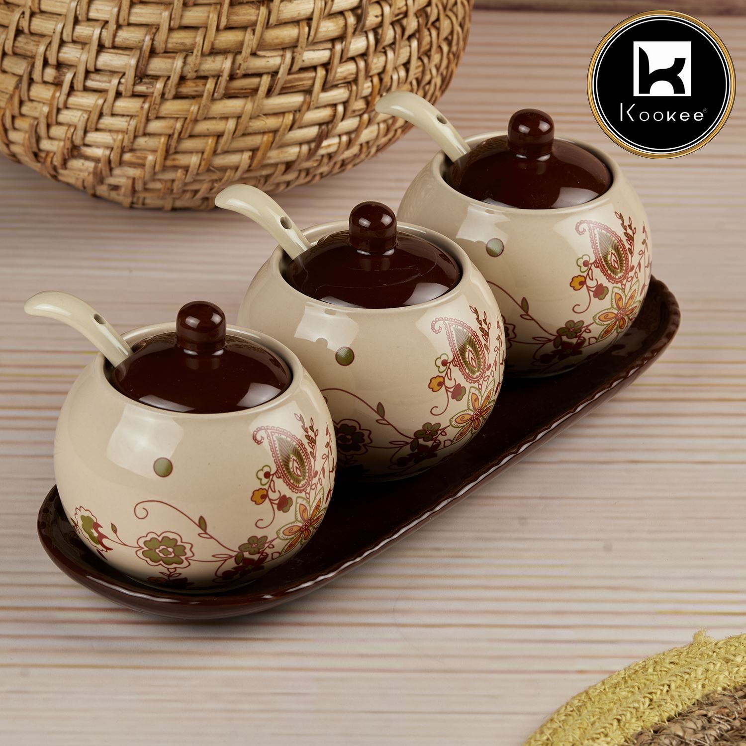 Ceramic Condiment Jars and Containers Set of 3 with Tray and Spoon for Kitchen (10679)