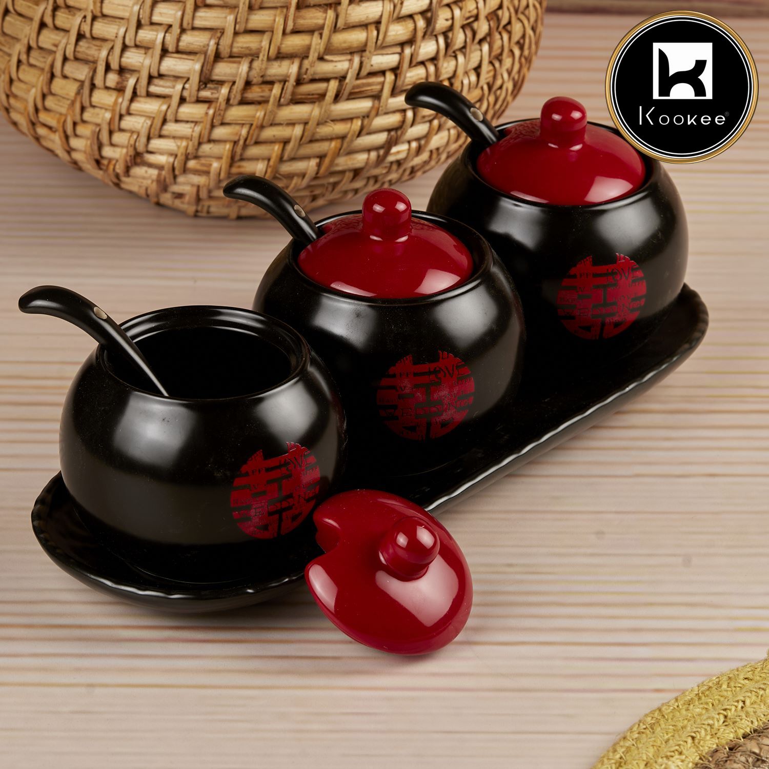 Ceramic Condiment Jars and Containers Set of 3 with Tray and Spoon for Kitchen (10680)